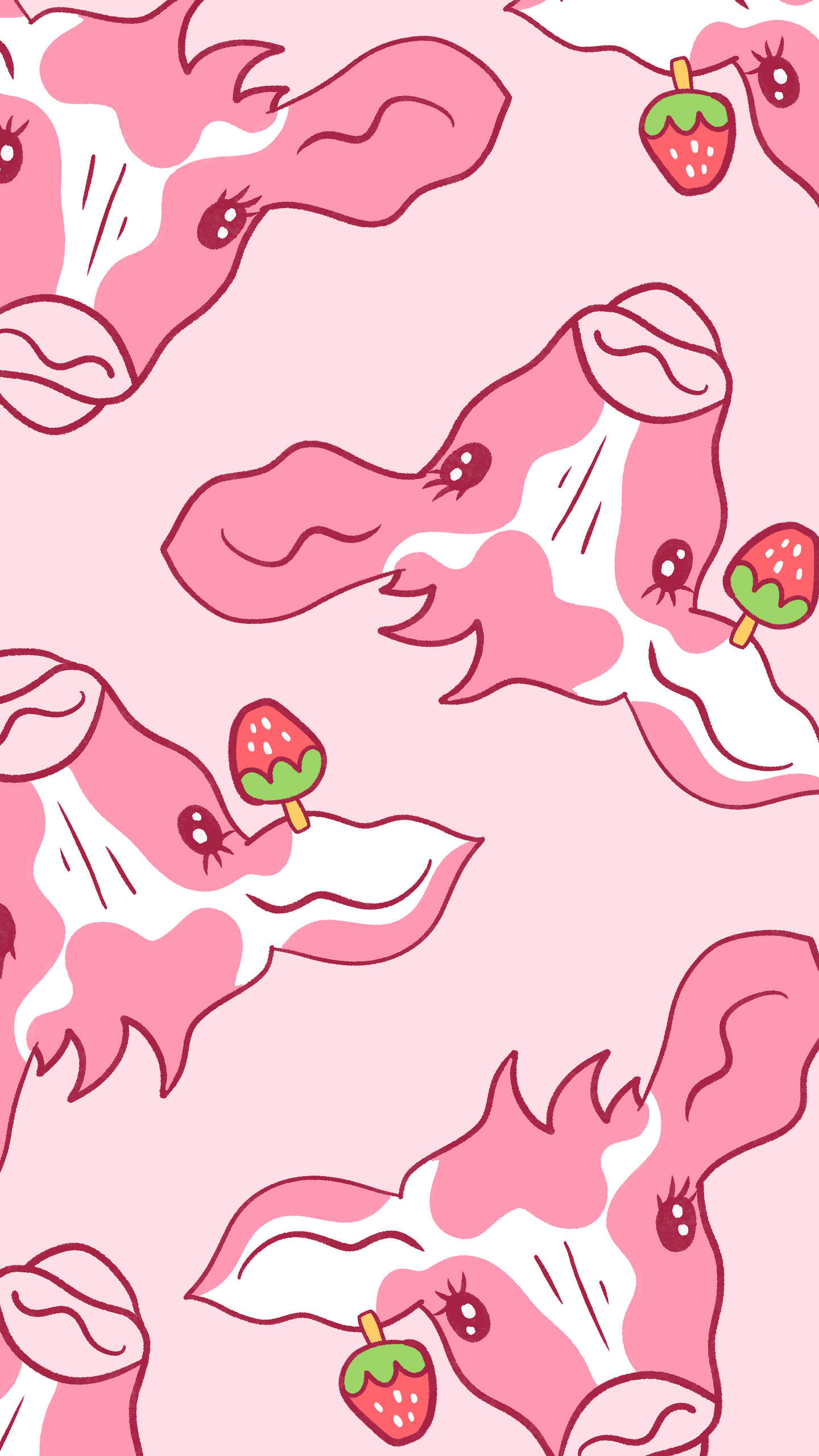 Strawberry Cow, pink cartoon cows, strawberry lollipops, 2K Phone Wallpaper