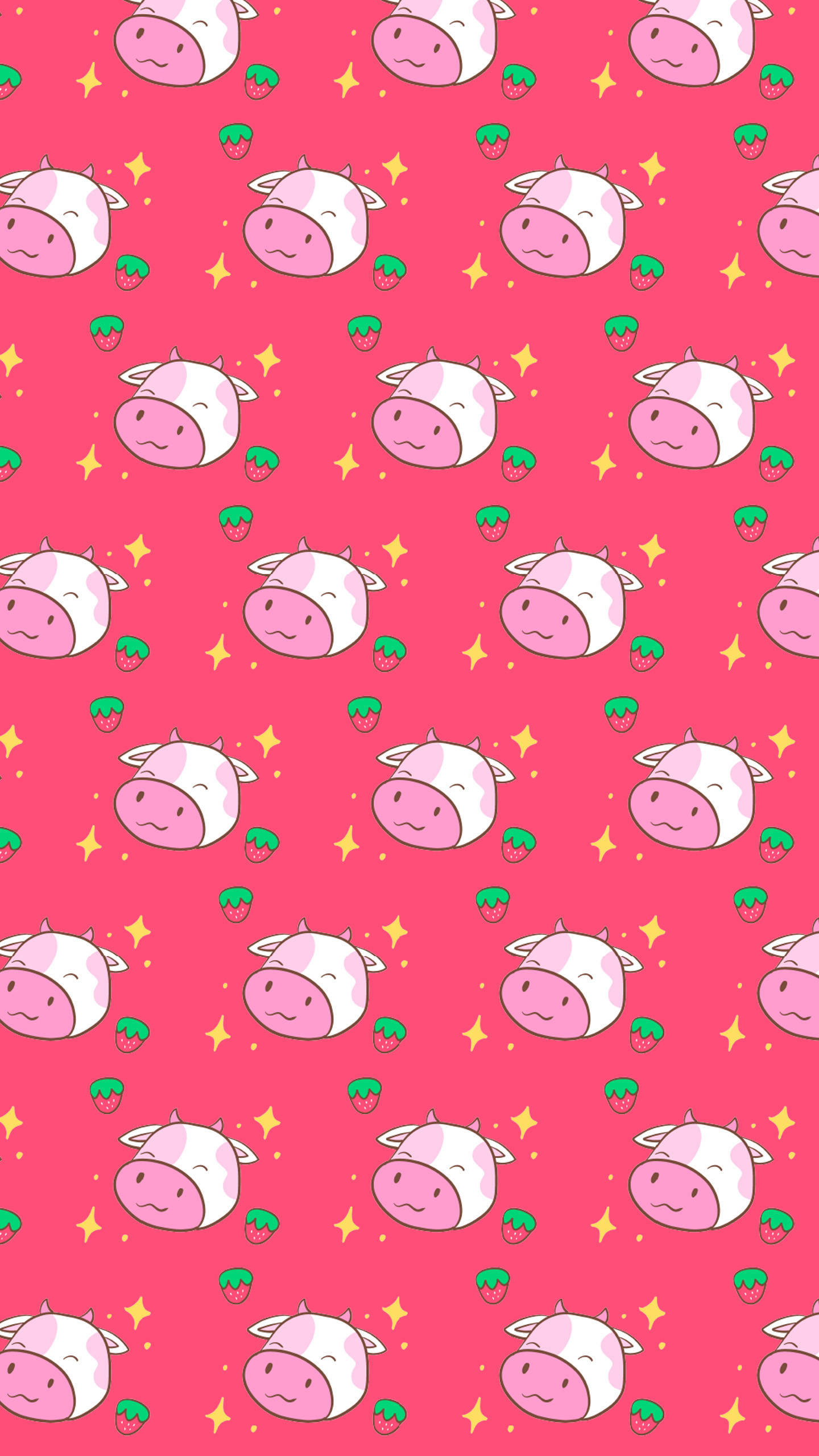Strawberry Cow, pink background, cute cow faces, 2K Phone Wallpaper