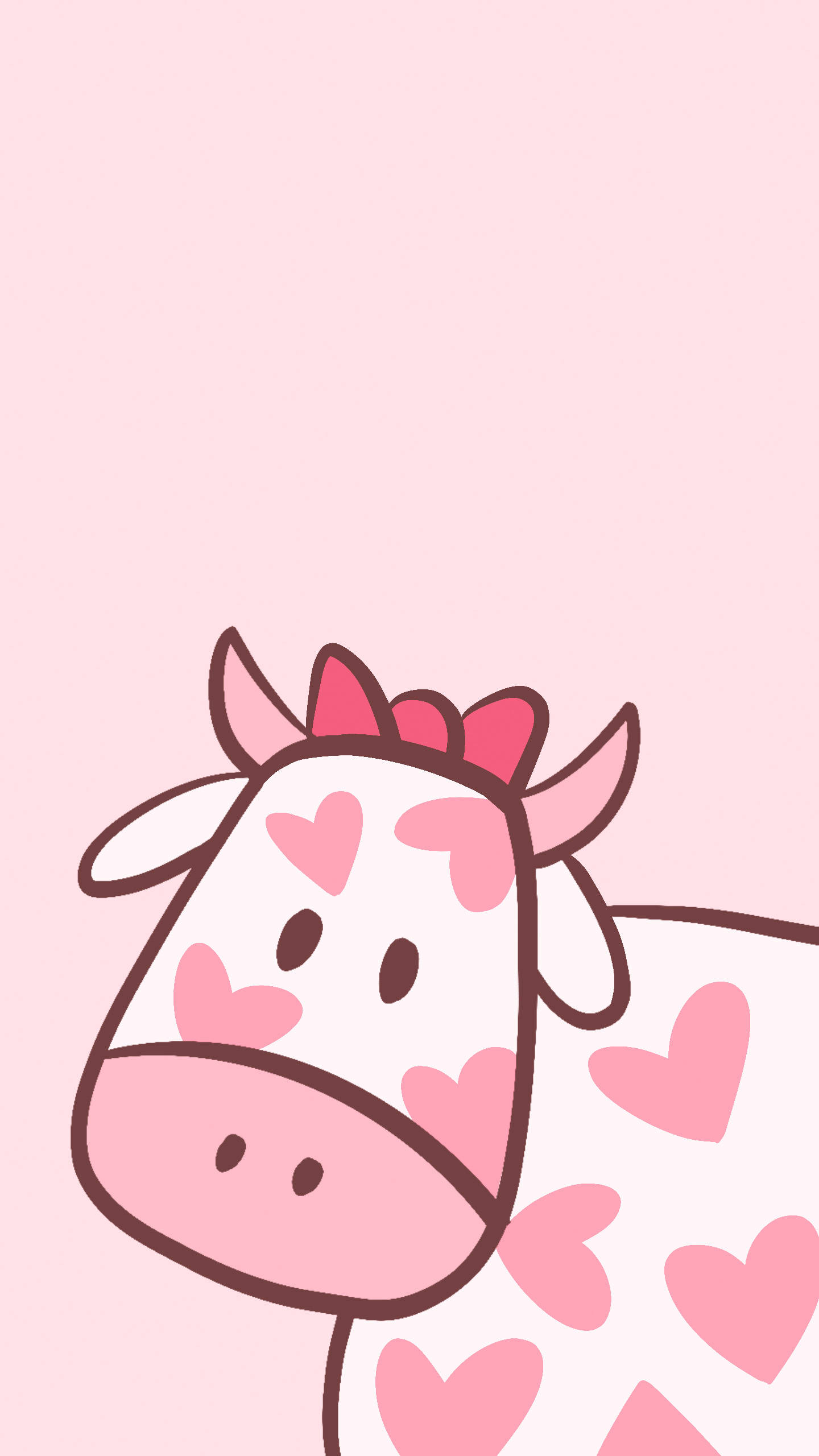 Strawberry Cow, ribbon on head, pink hearts, 2K Phone Wallpaper