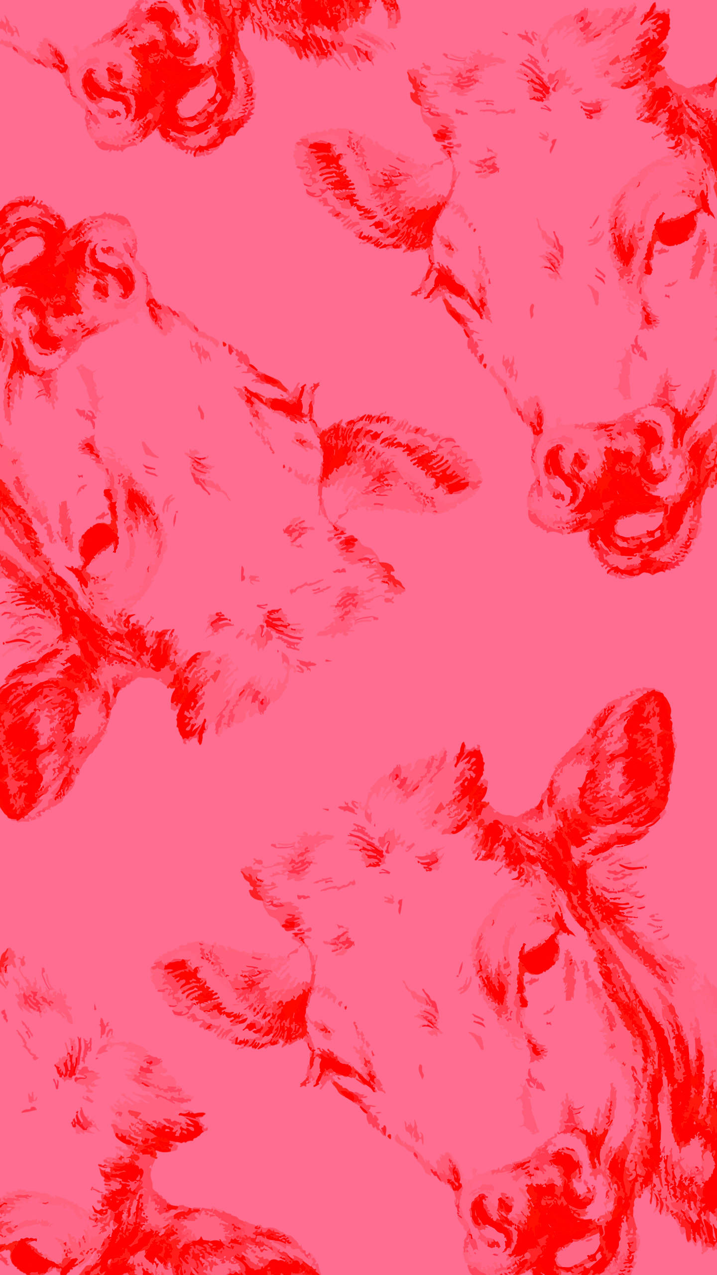 Strawberry Cow, vibrant pink background, repeating red cow head sketches, 2K Phone Wallpaper
