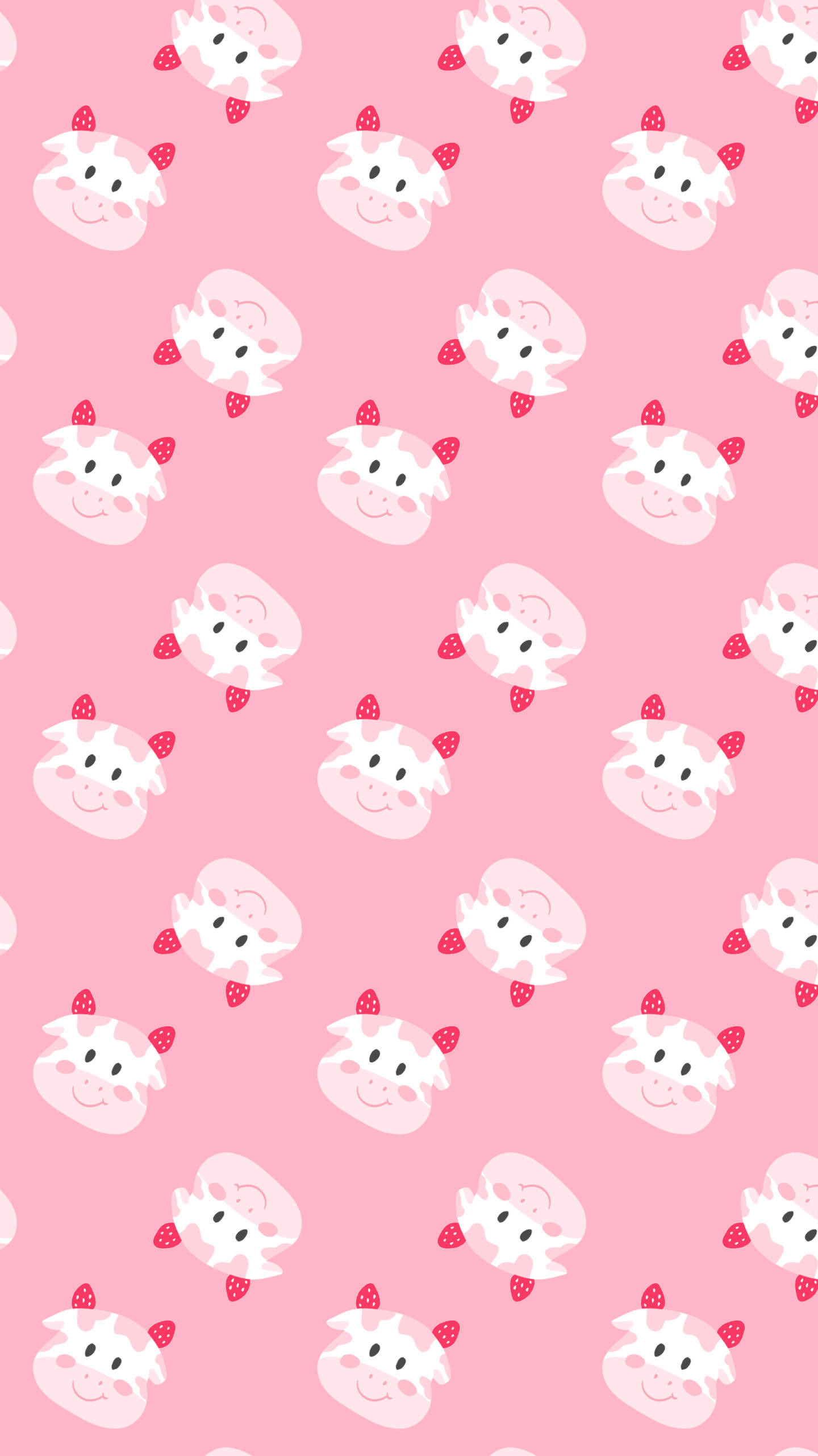 Strawberry Cow, pink background, repeating cute cartoon cow faces, 2K Phone Wallpaper