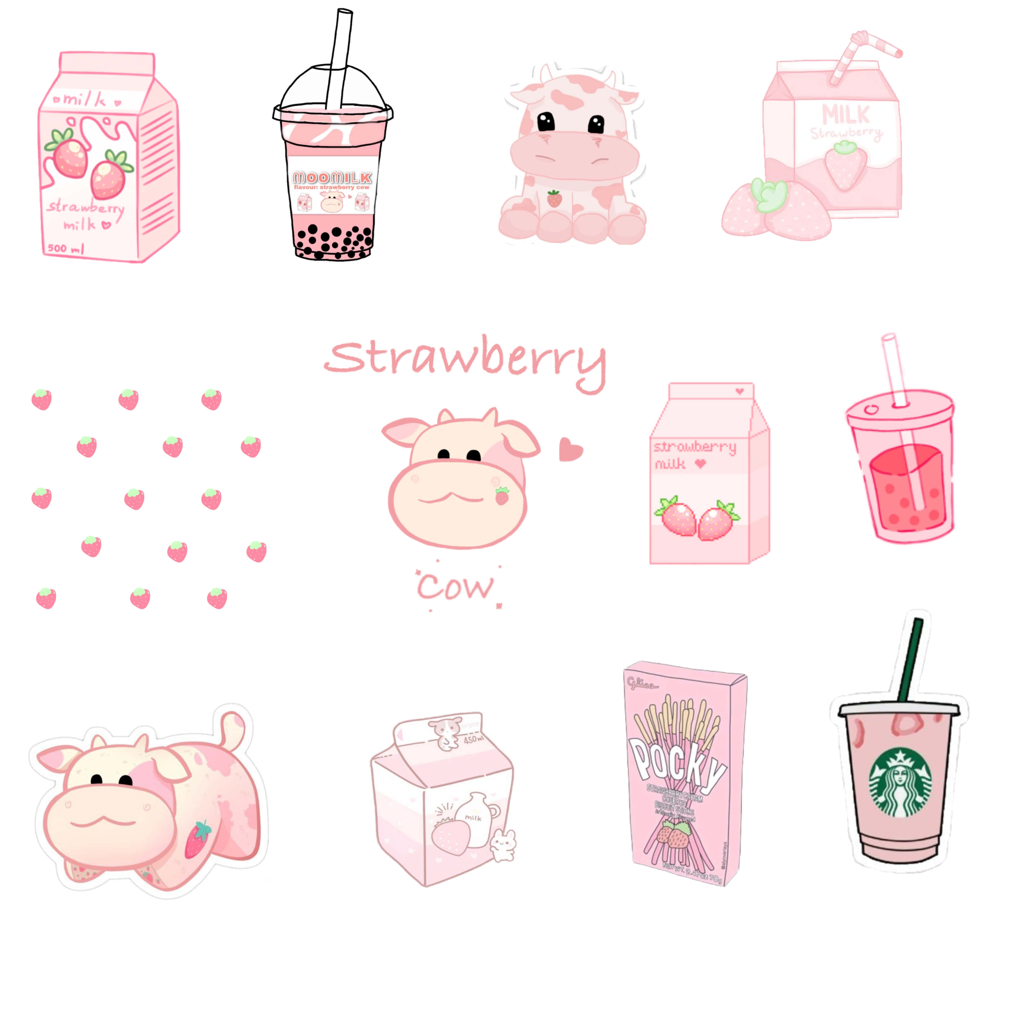strawberry cow, sakura kawaii, pink, 2K Desktop Wallpaper