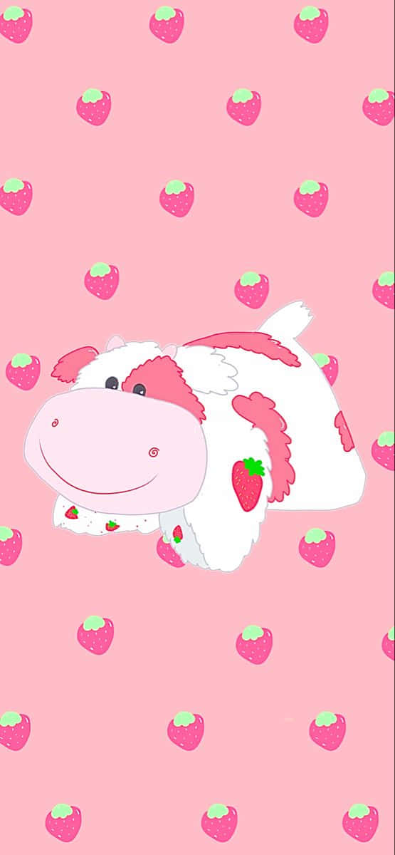 strawberry pattern, pink cow, cartoon cow, SD Phone Wallpaper
