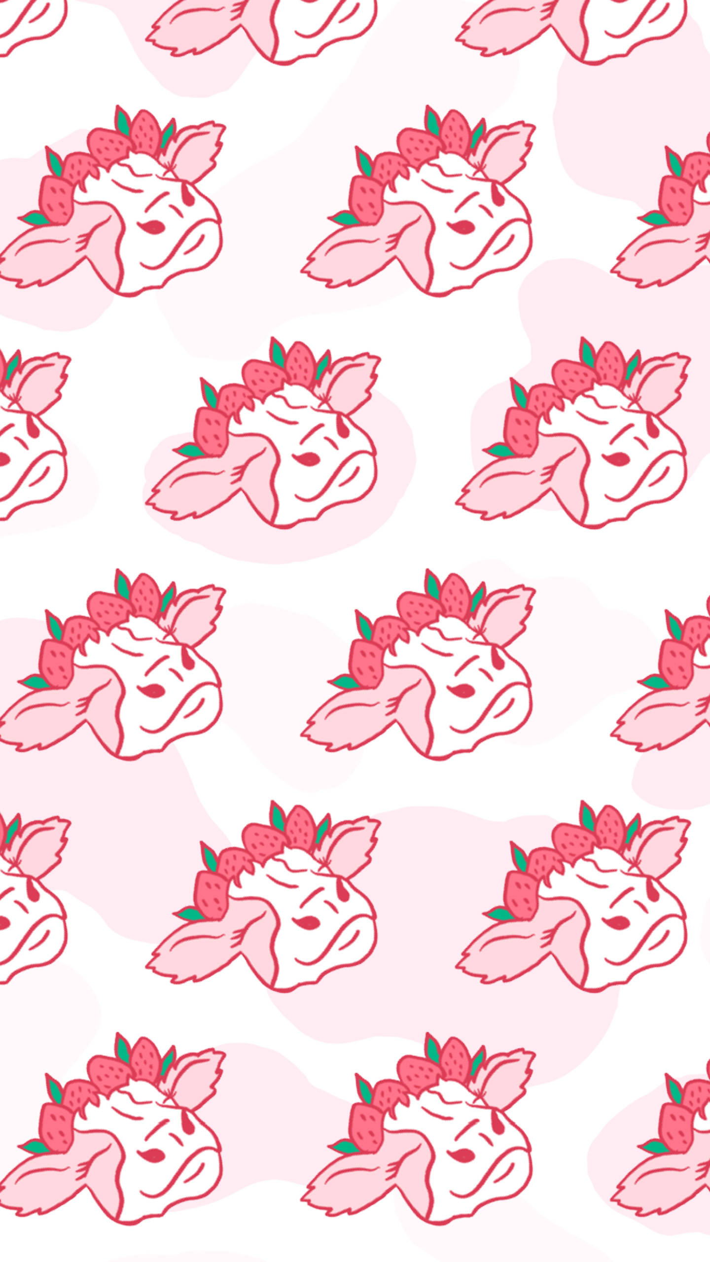 Strawberry Cow, strawberry crowns, pink cartoon cows, 2K Phone Wallpaper