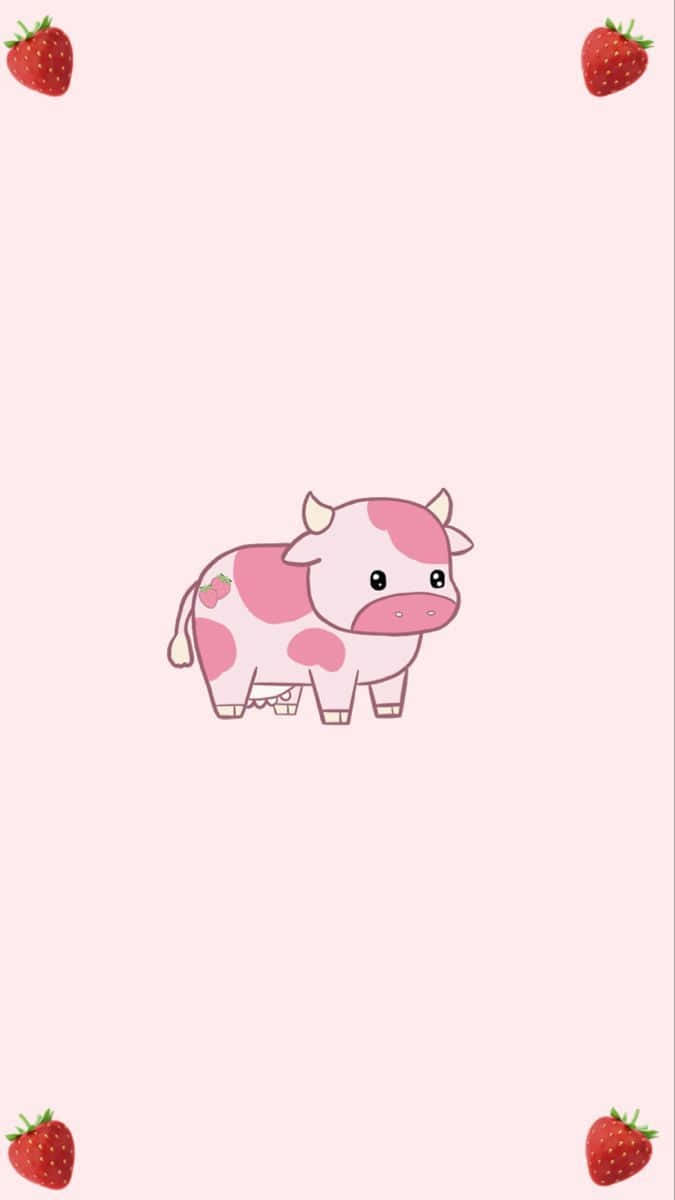 kawaii cow, pink cow, strawberry spots, SD Phone Wallpaper