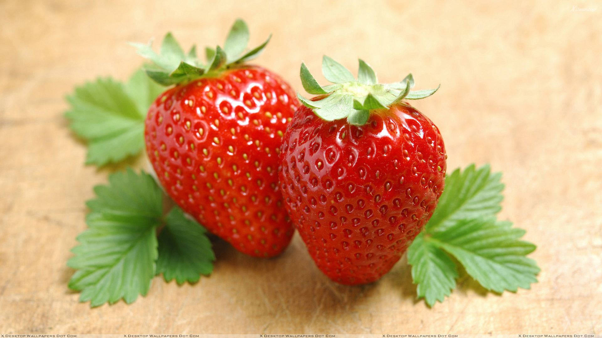 Strawberry Desktop, two plump red strawberries, green leaves, Full HD Desktop Wallpaper
