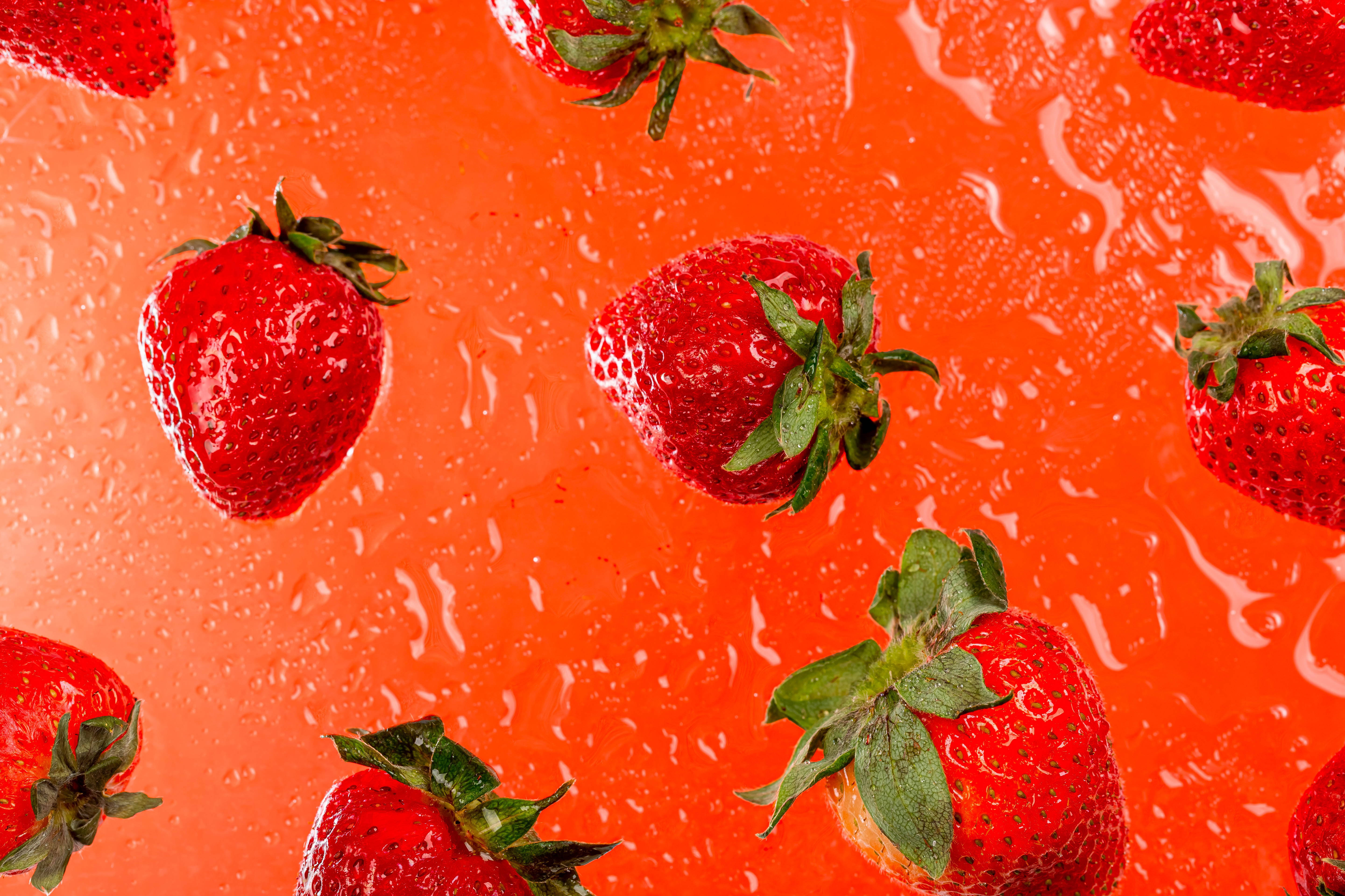 strawberry, juicy red, water droplets, 5K Desktop Wallpaper