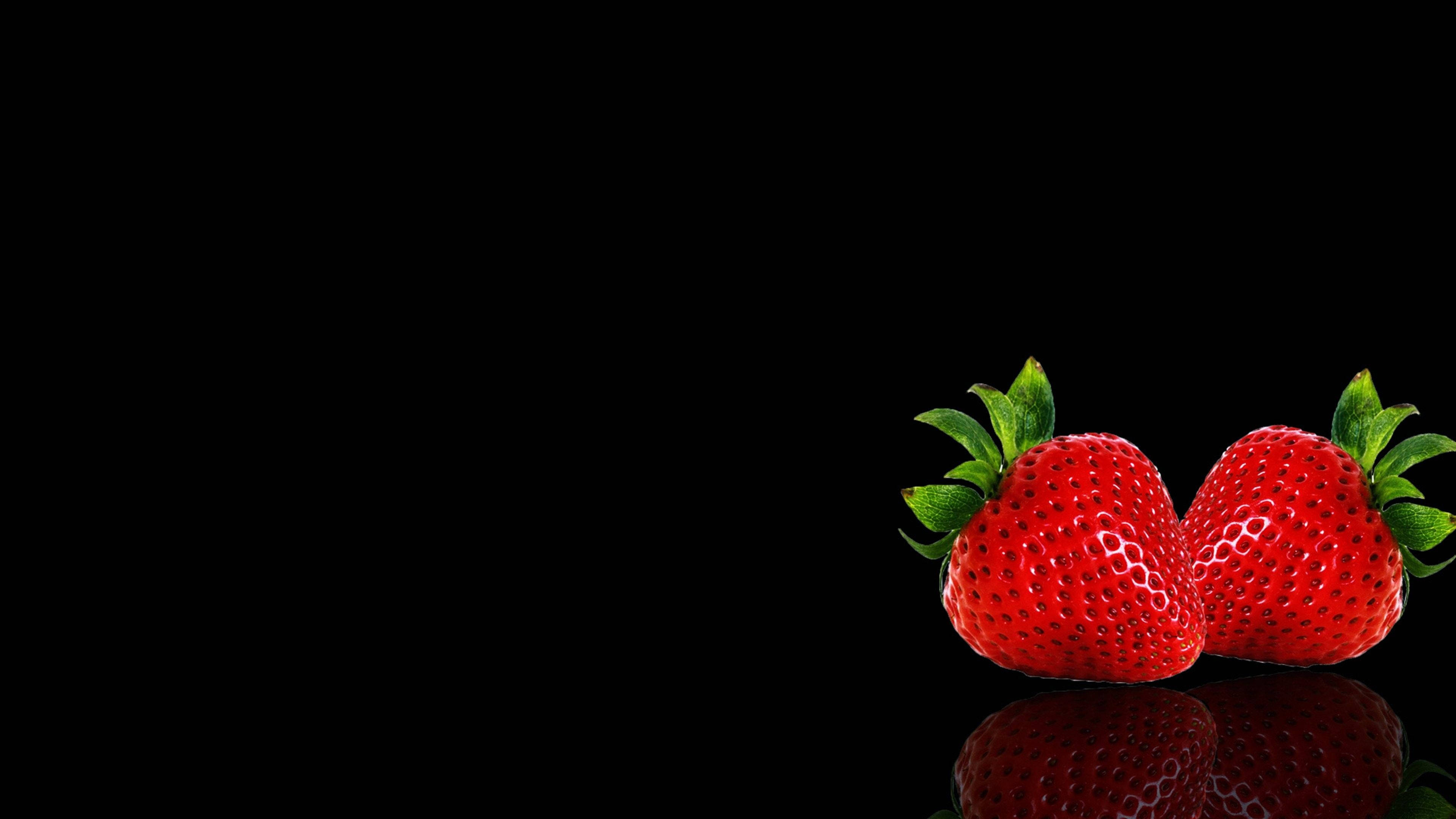 Strawberry Desktop, black backdrop, two ripe strawberries, 4K Desktop Wallpaper