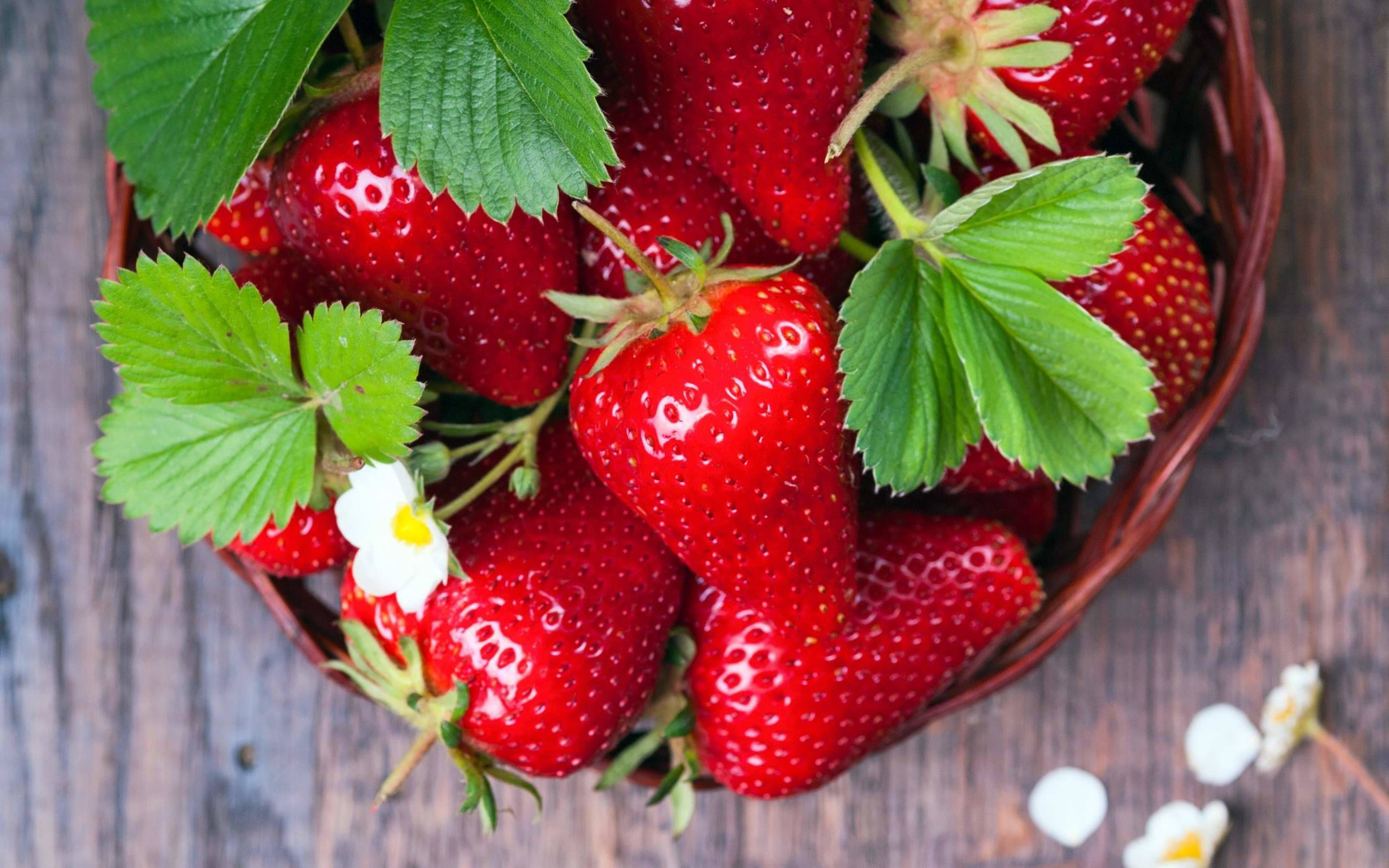 woven bowl, strawberries, green leaves, 2K Desktop Wallpaper