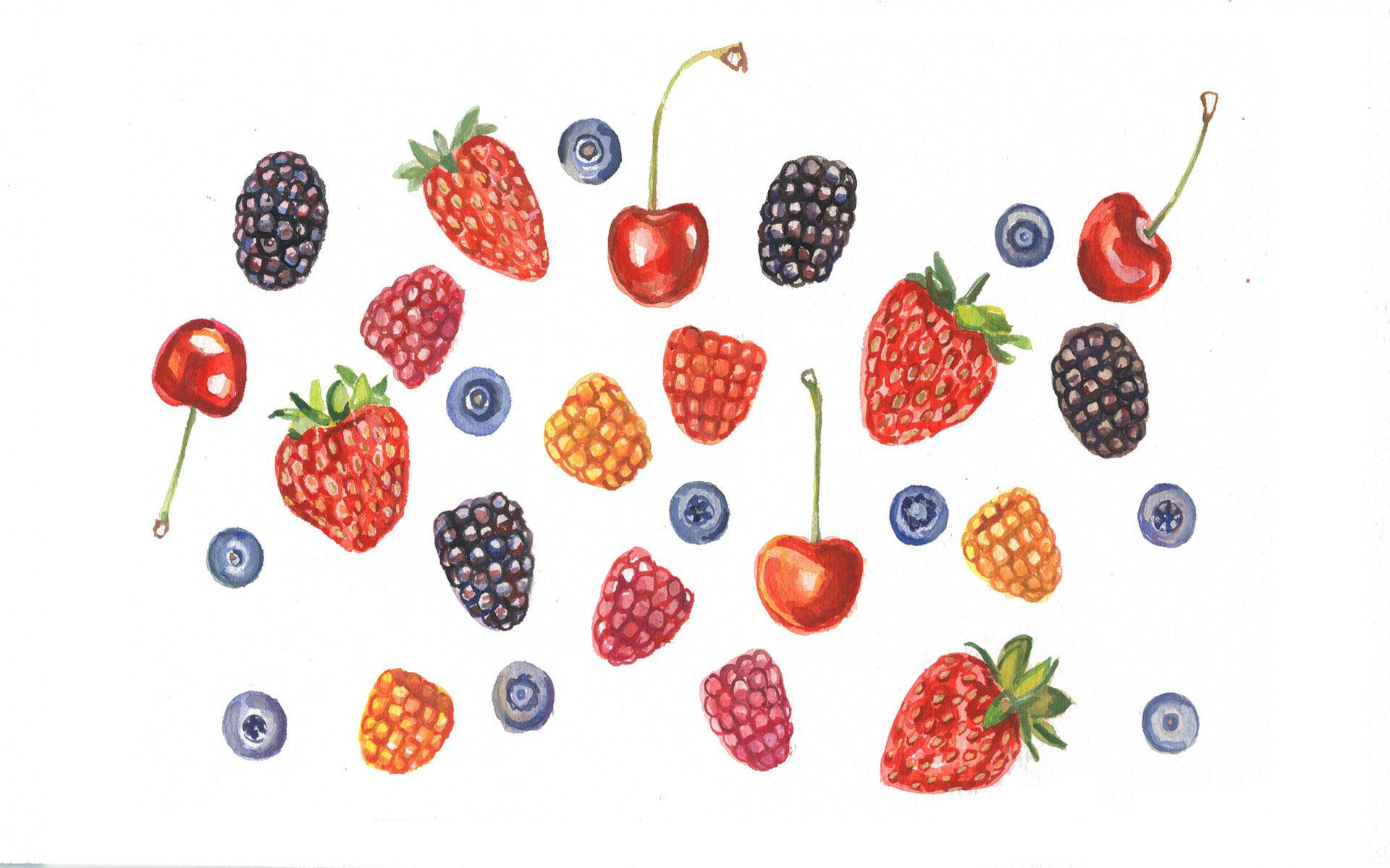 Strawberry Desktop, assorted berries, watercolor illustration, Full HD Desktop Wallpaper