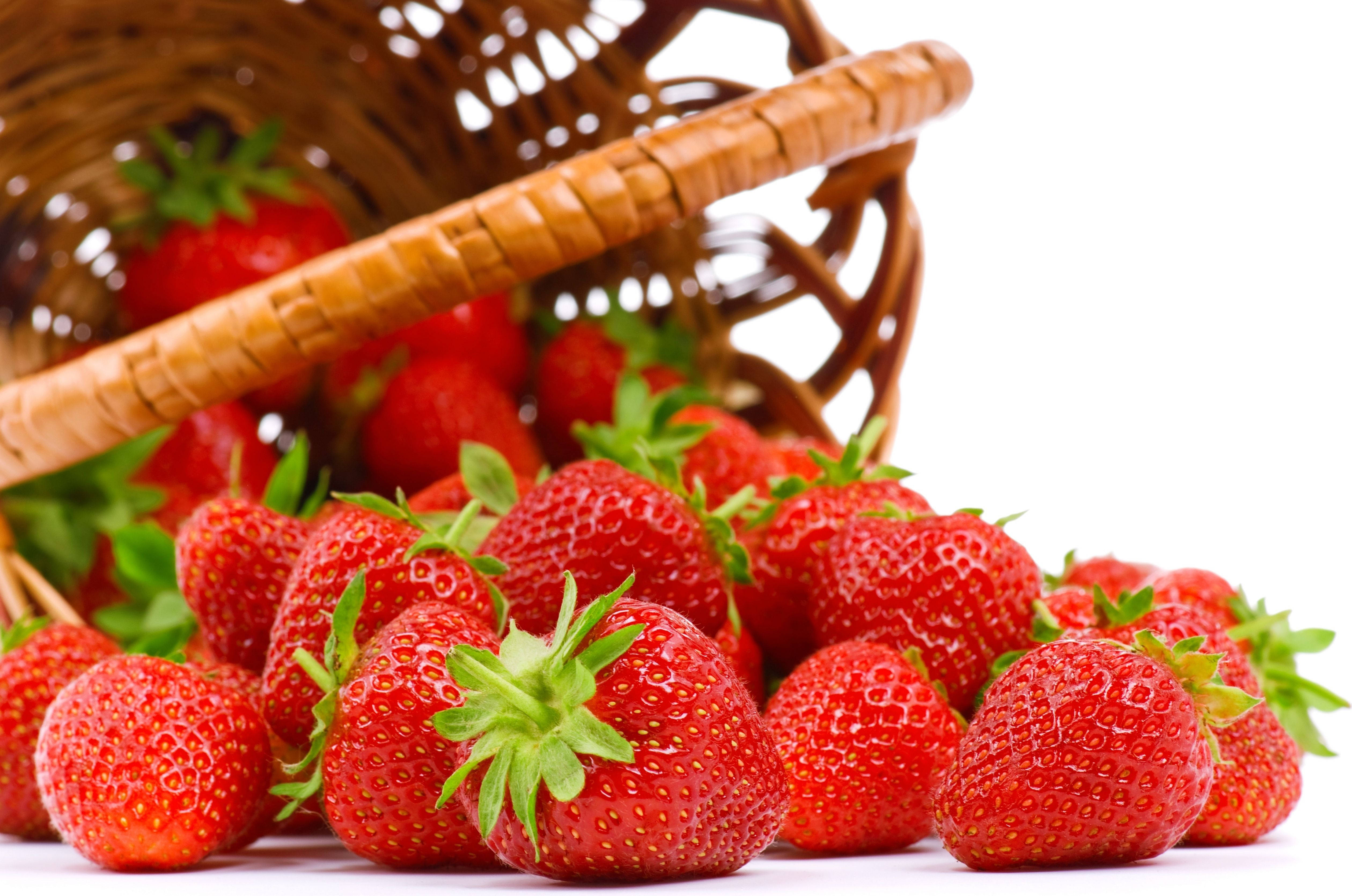 spilled basket, strawberry desktop, juicy ripe strawberries, 4K Desktop Wallpaper