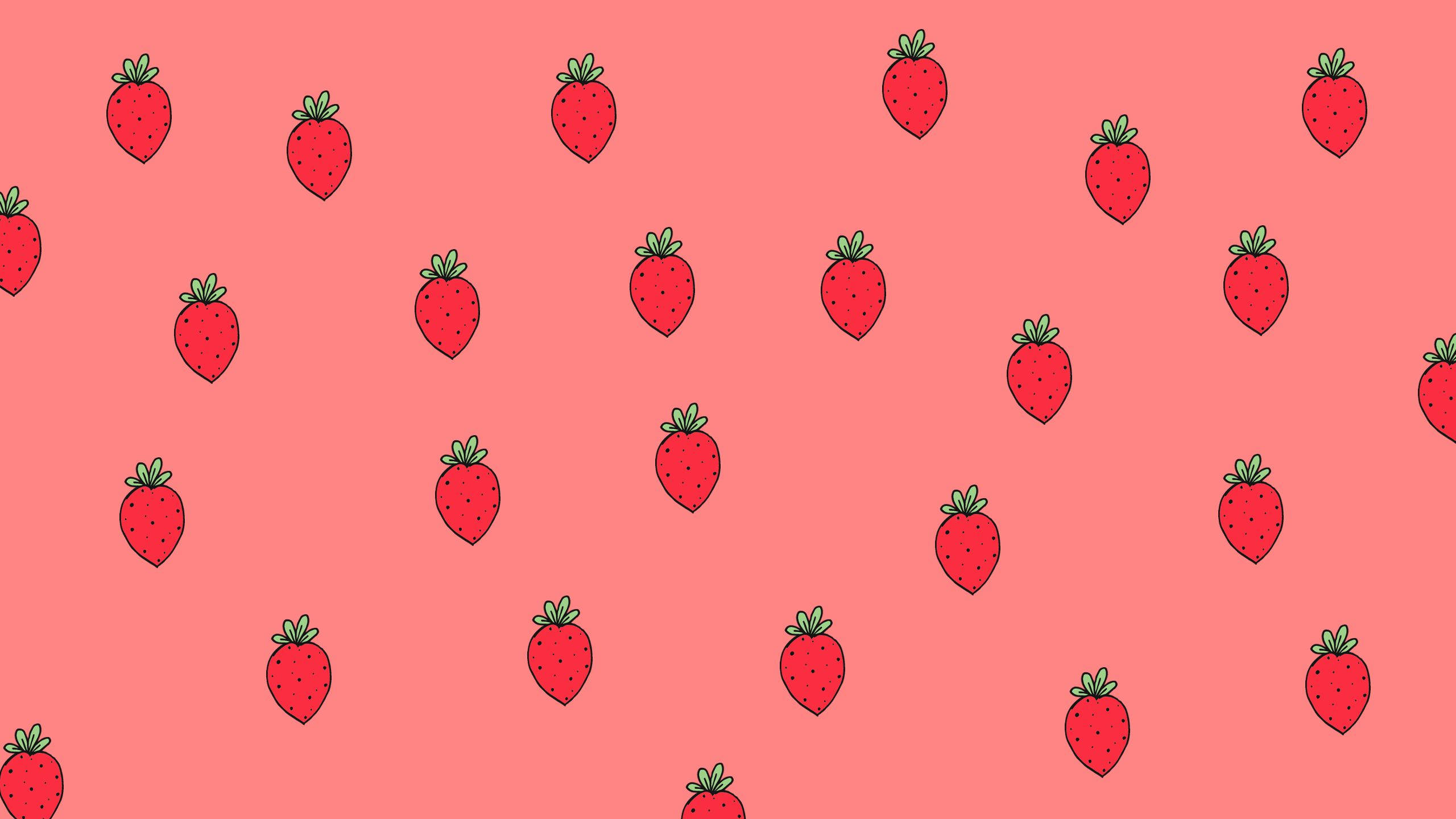 pink digital drawing, strawberry desktop, red strawberries, 2K Desktop Wallpaper
