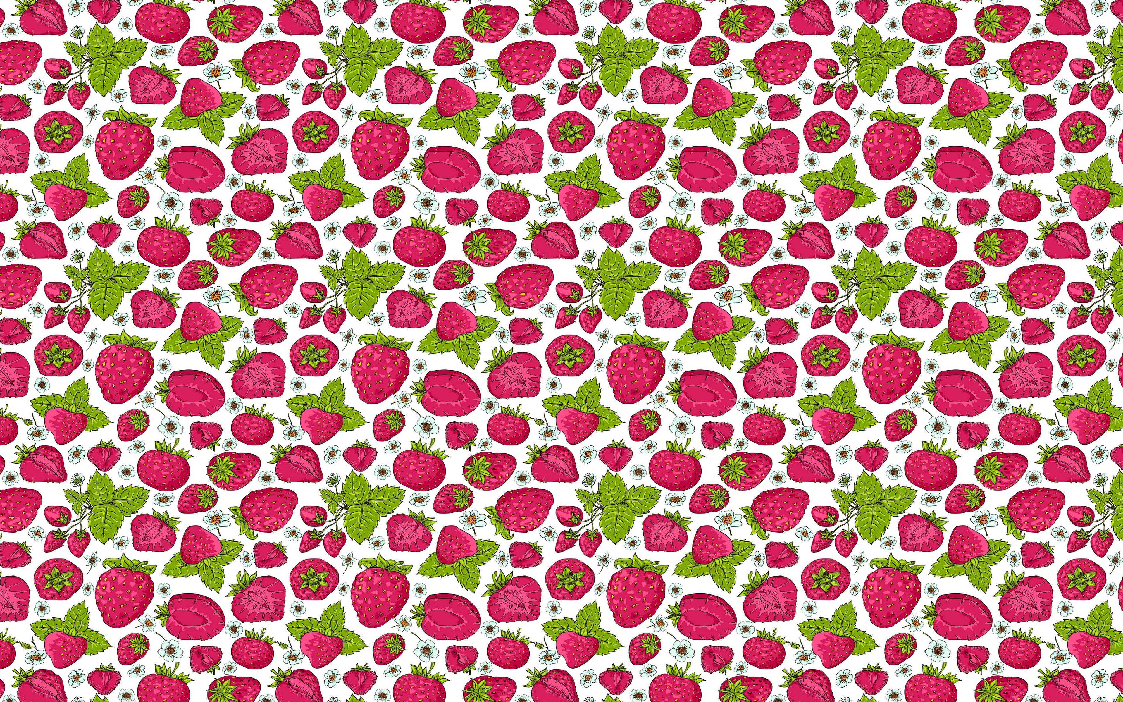 artistic abstract strawberry desktop, hand-drawn strawberries, mint leaves, 4K Desktop Wallpaper