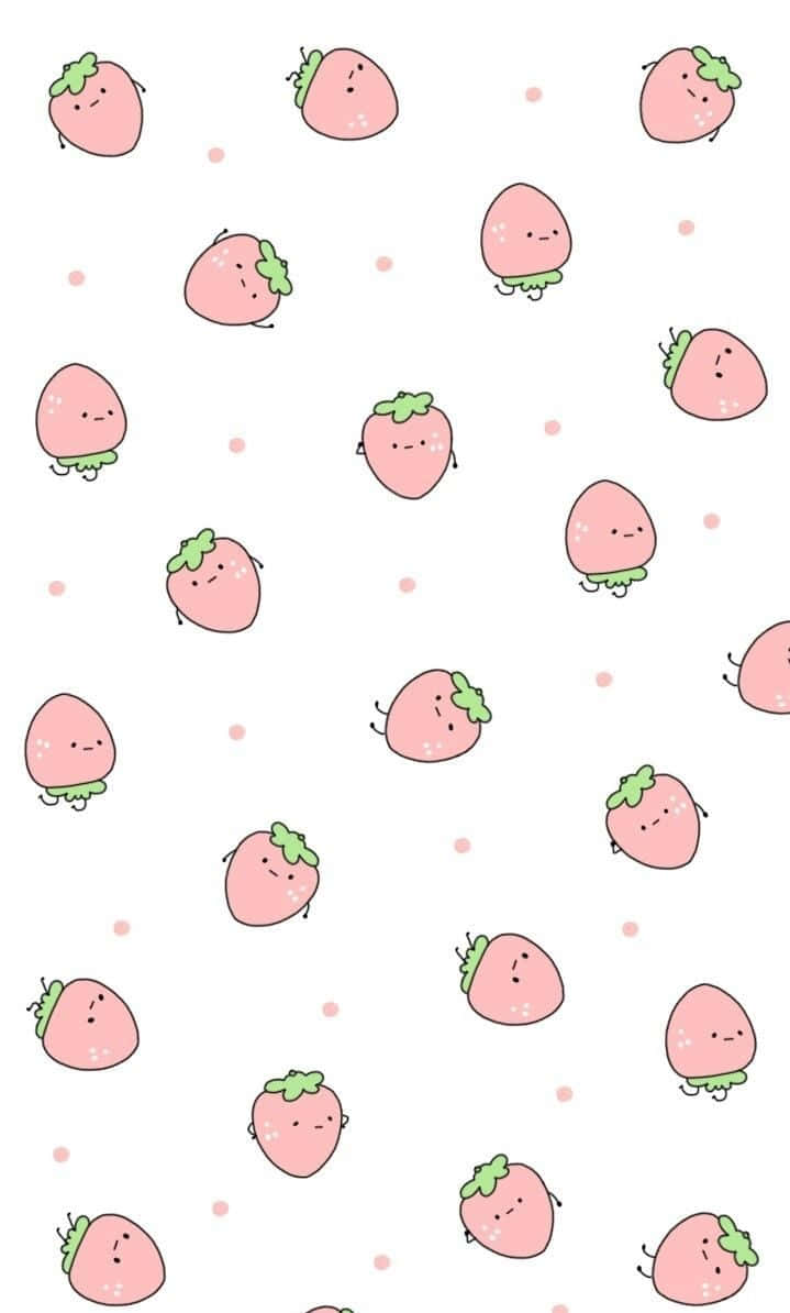 Pastel White Strawberry, pink cartoon strawberries, green tops, SD Phone Wallpaper