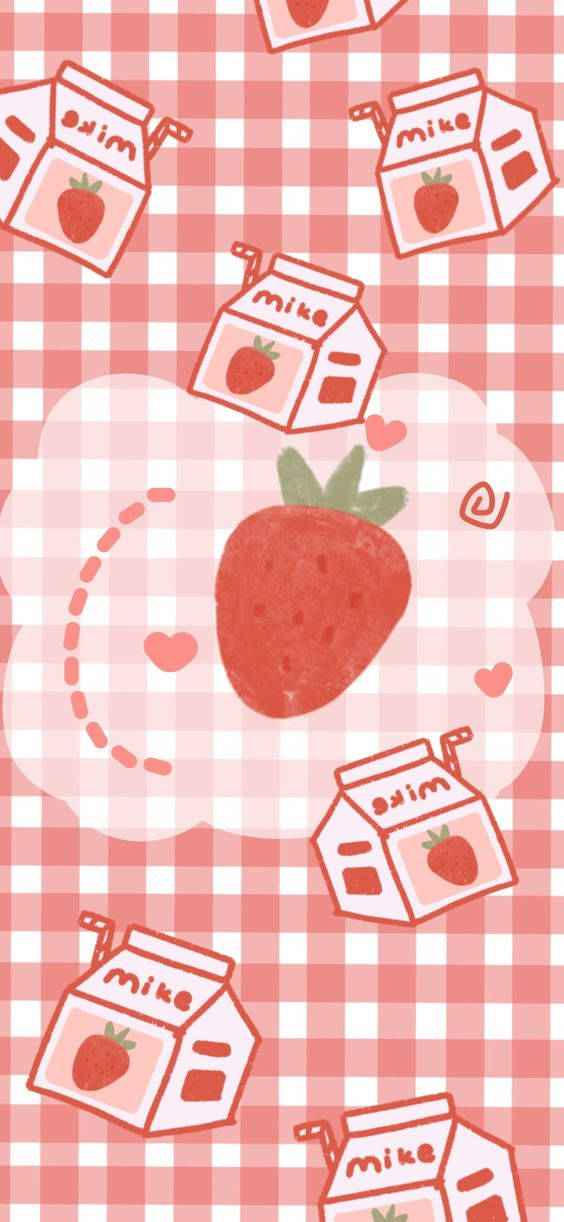 strawberry milk, pink gingham, cartoon strawberry milk cartons, SD Phone Wallpaper