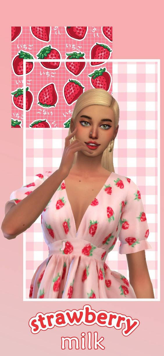 strawberry milk, sassysims, pink strawberry-print dress, SD Phone Wallpaper