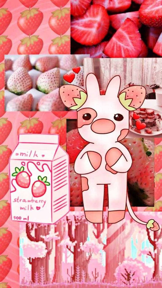 Strawberry Milk, cartoon cow, strawberry-themed ears, SD Phone Wallpaper