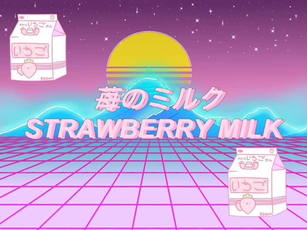 Strawberry Milk, neon pink grid, glowing mountains, SD Desktop Wallpaper