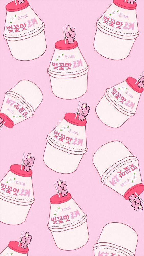 Strawberry Milk, pink background, cute cartoon milk bottles, SD Phone Wallpaper
