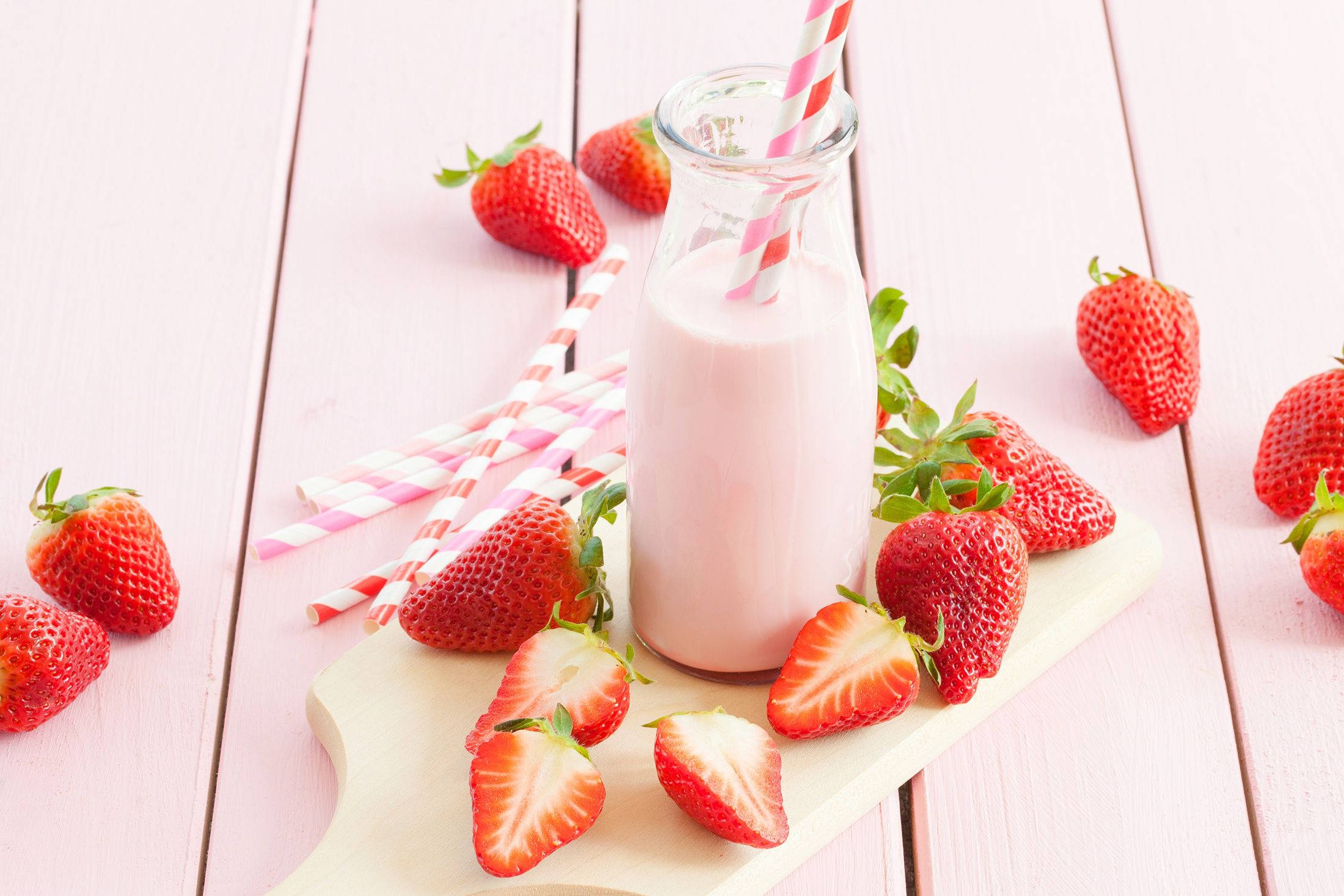 strawberry milk, glass bottle, striped straws, Full HD Desktop Wallpaper