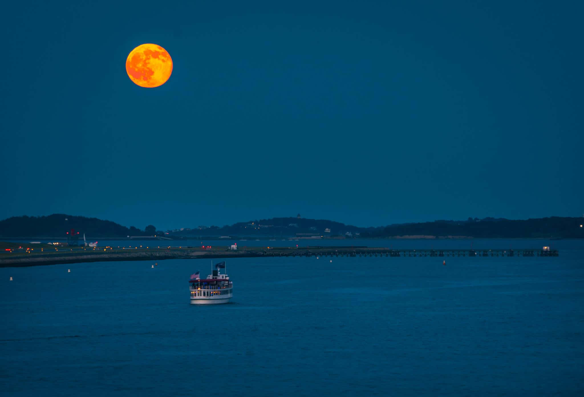 Strawberry Moon 2019, orange full moon, tranquil blue waterway, Full HD Desktop Wallpaper