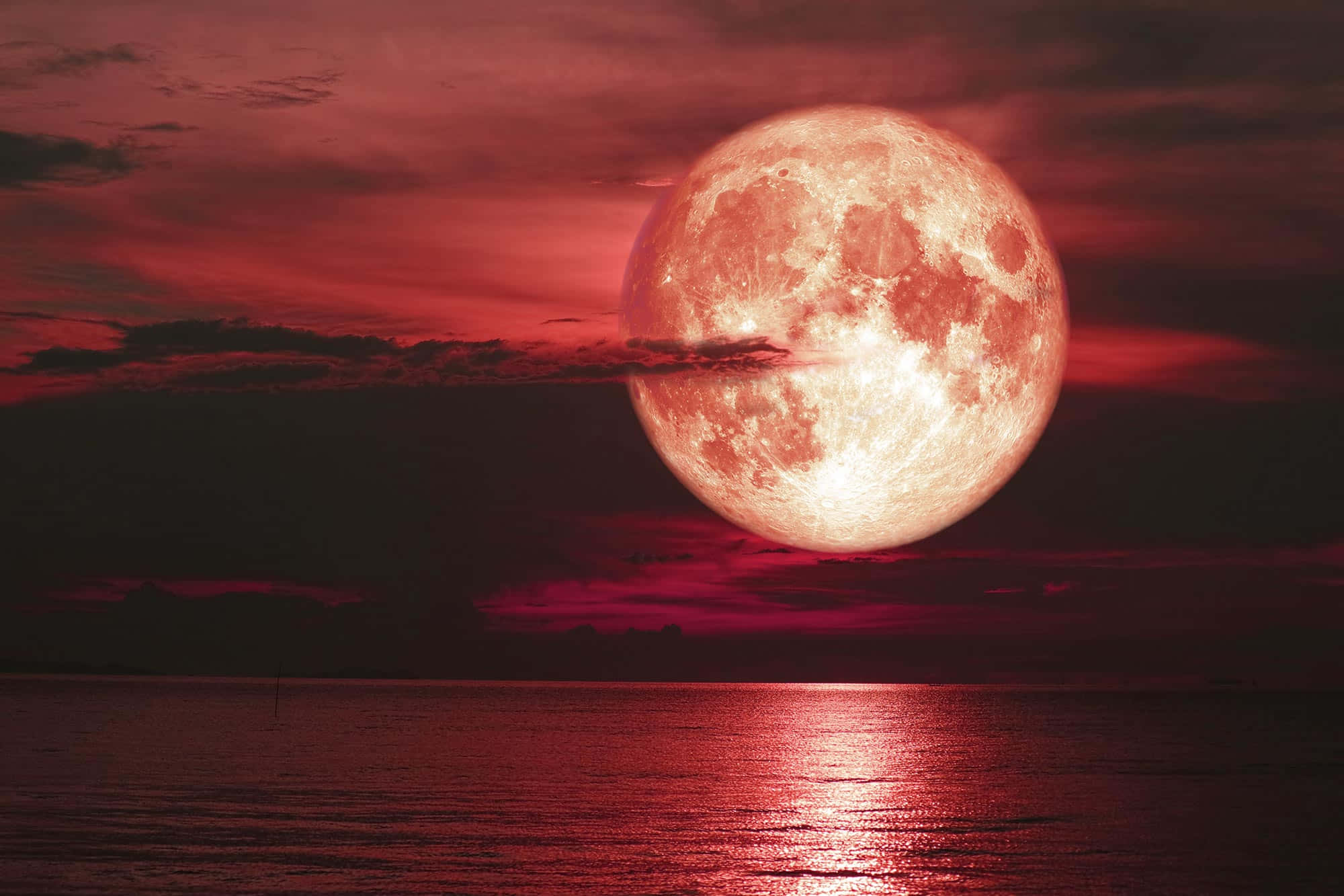 Strawberry Moon, ocean, calm ocean, Full HD Desktop Wallpaper
