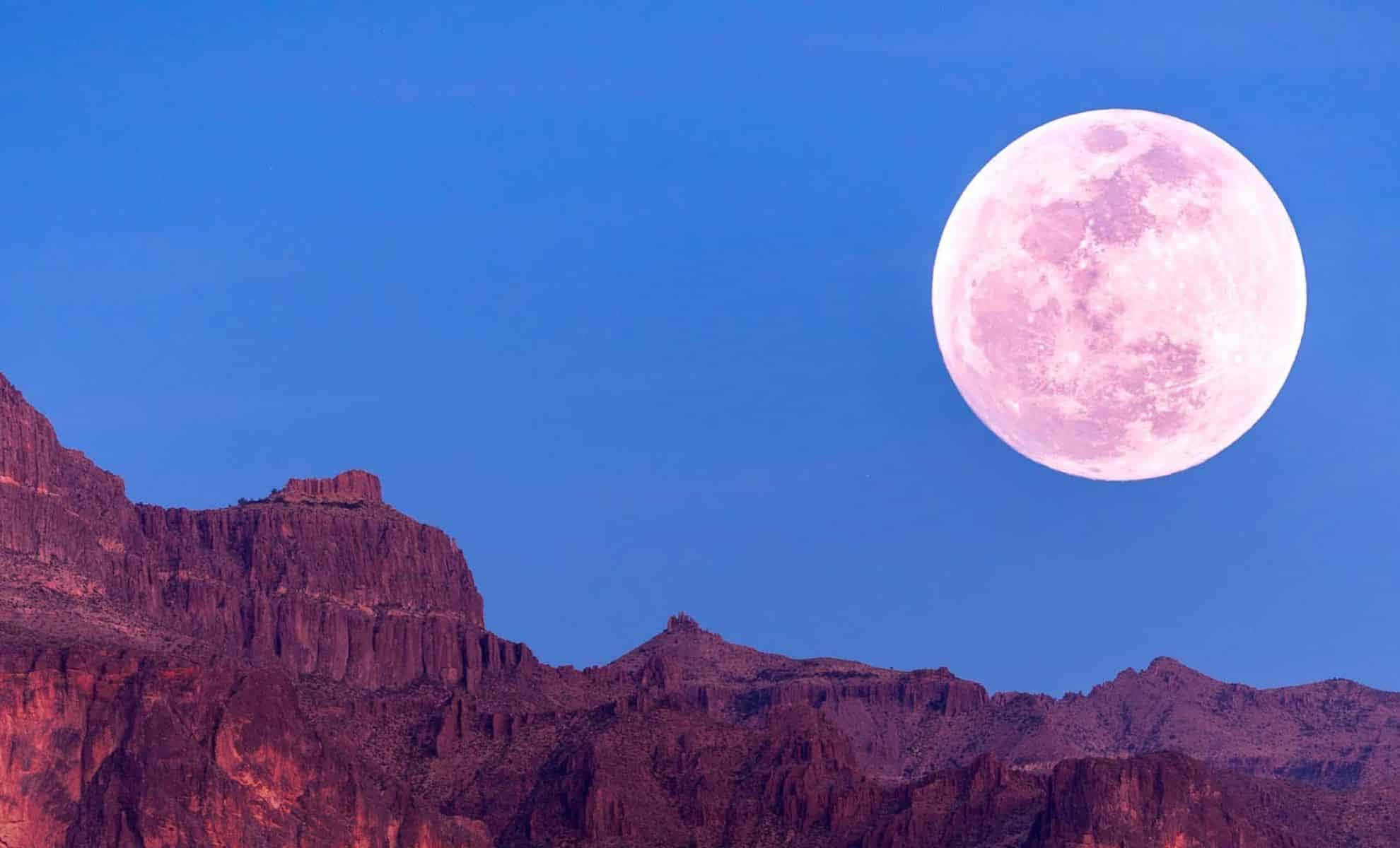 Strawberry Moon, mountain ridge, pink full moon, Full HD Desktop Wallpaper