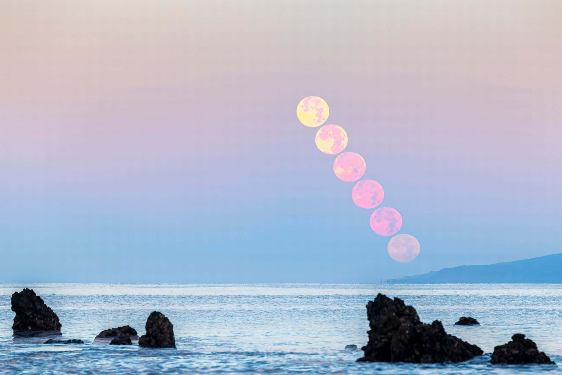 Strawberry Moon 2019, twilight seascape, glowing pink and yellow moons, HD Desktop Wallpaper