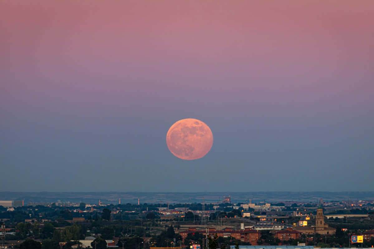 Strawberry Moon, cityscape, twilight, SD Desktop Wallpaper