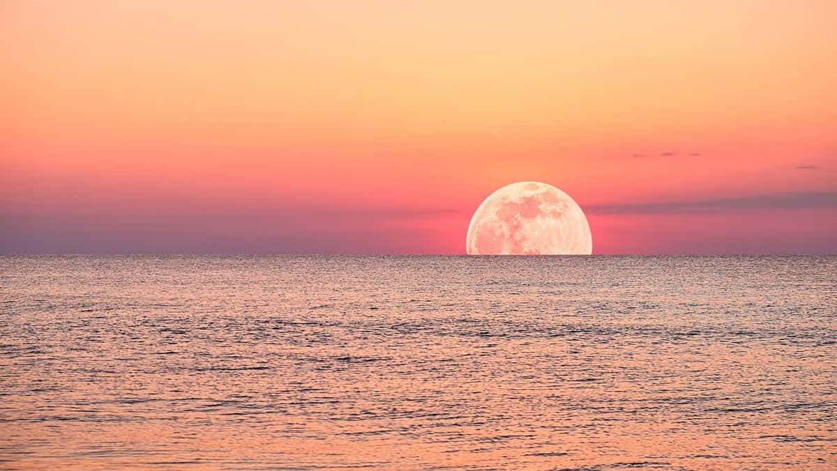Strawberry Moon, ocean, gradient sky, SD Desktop Wallpaper
