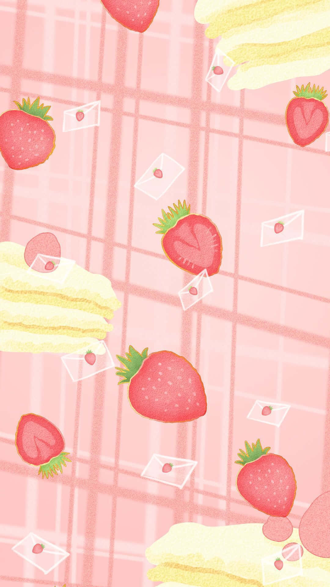 Pastel Strawberry Cake, pink plaid background, floating strawberries, Full HD Phone Wallpaper