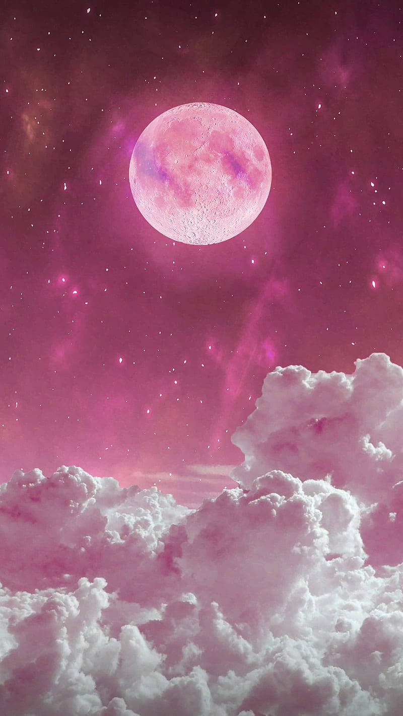 Strawberry Neon Moon, pink moon, fluffy clouds, HD Phone Wallpaper
