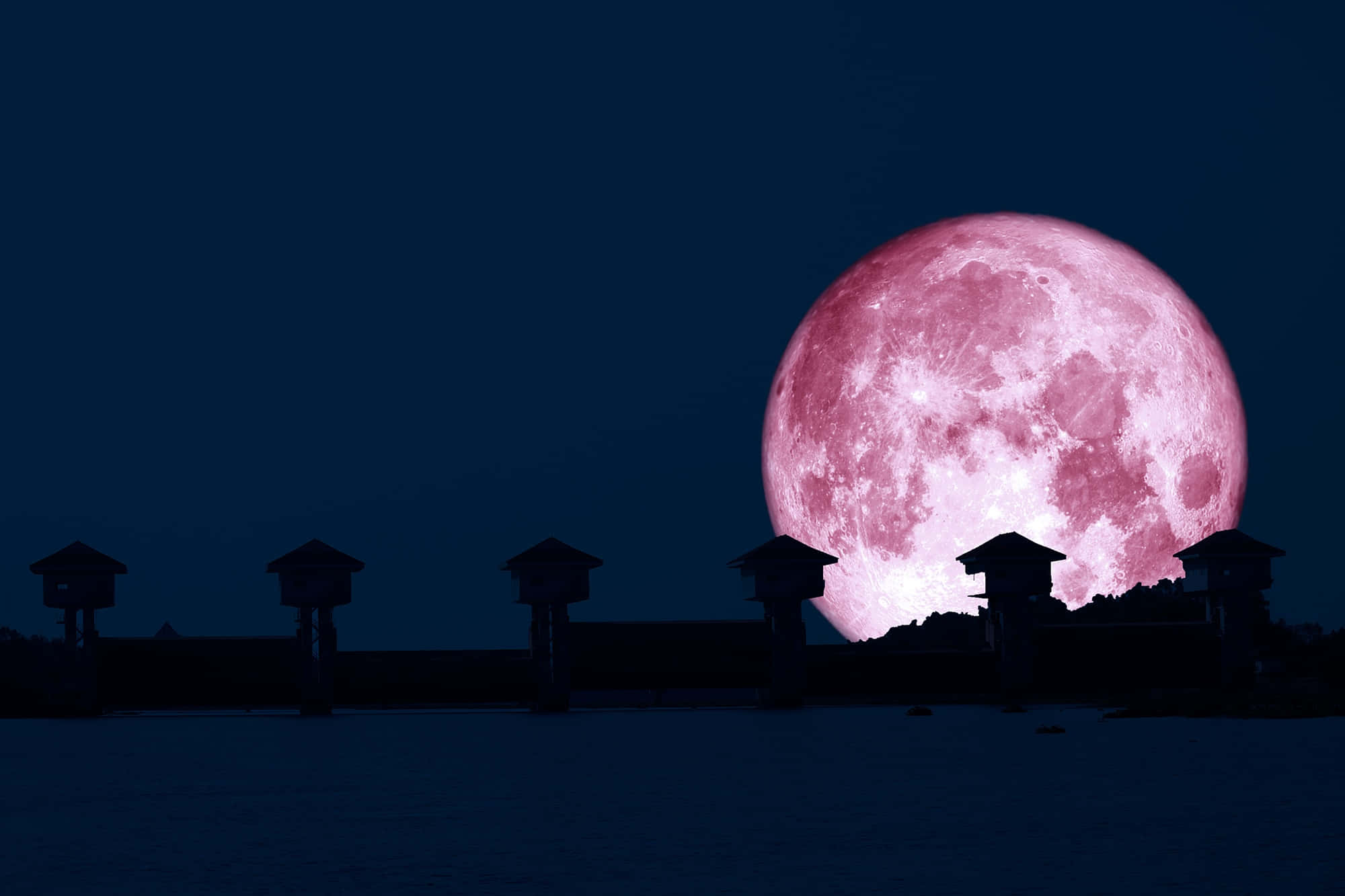 Strawberry Moon, silhouetted pagoda-style roof structures, deep blue night sky, Full HD Desktop Wallpaper