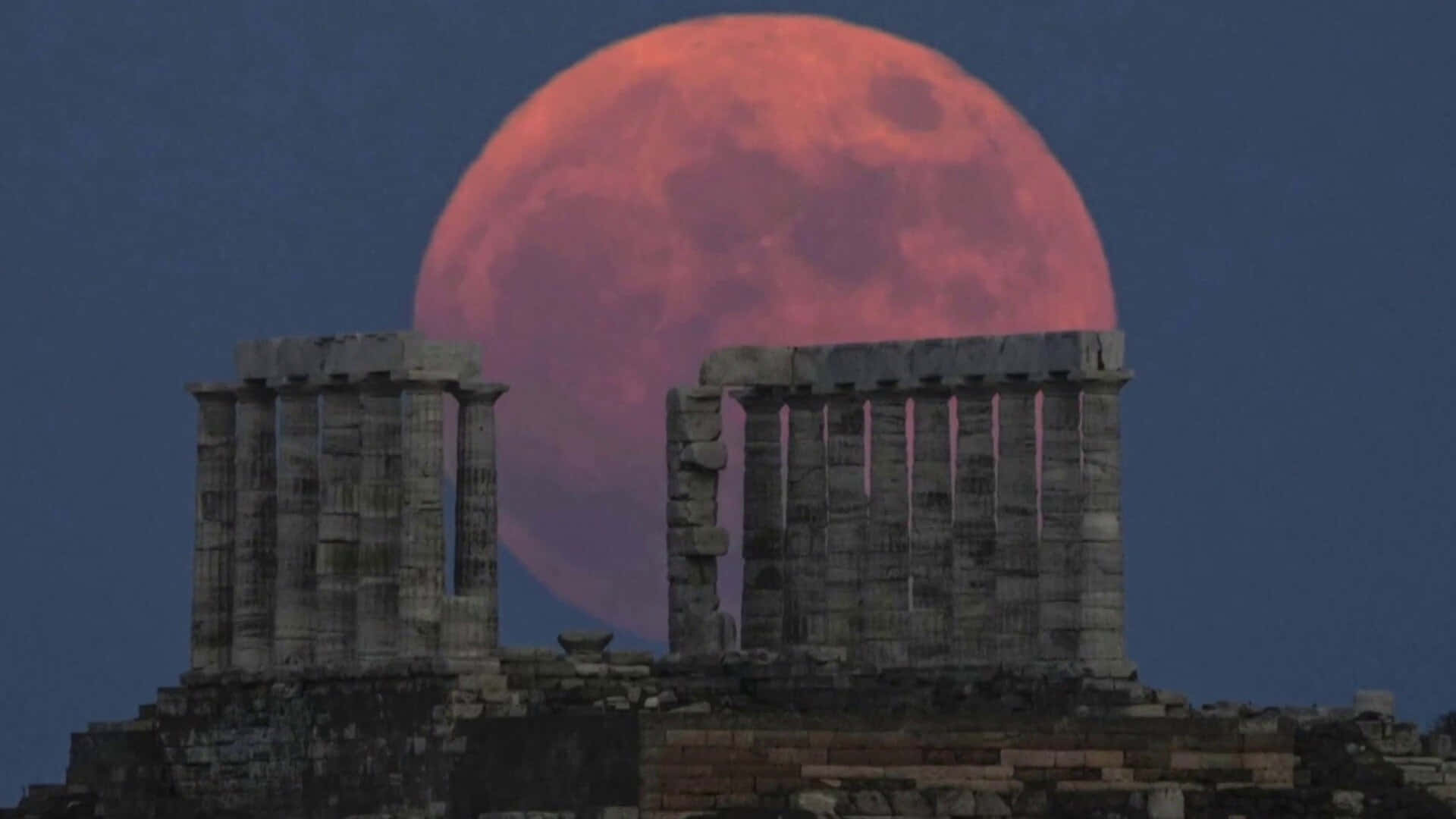 Strawberry Moon, ancient ruins, temple ruins, Full HD Desktop Wallpaper