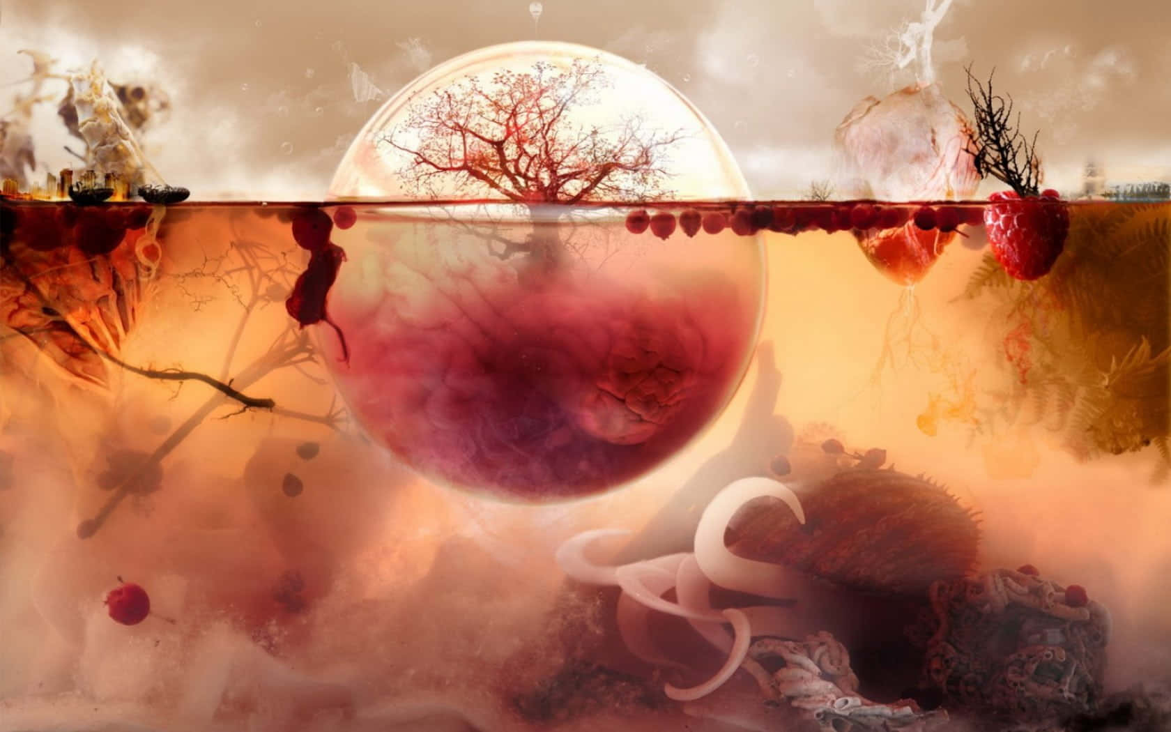 Strawberry Moon, glowing orb, surreal underwater scene, HD Desktop Wallpaper