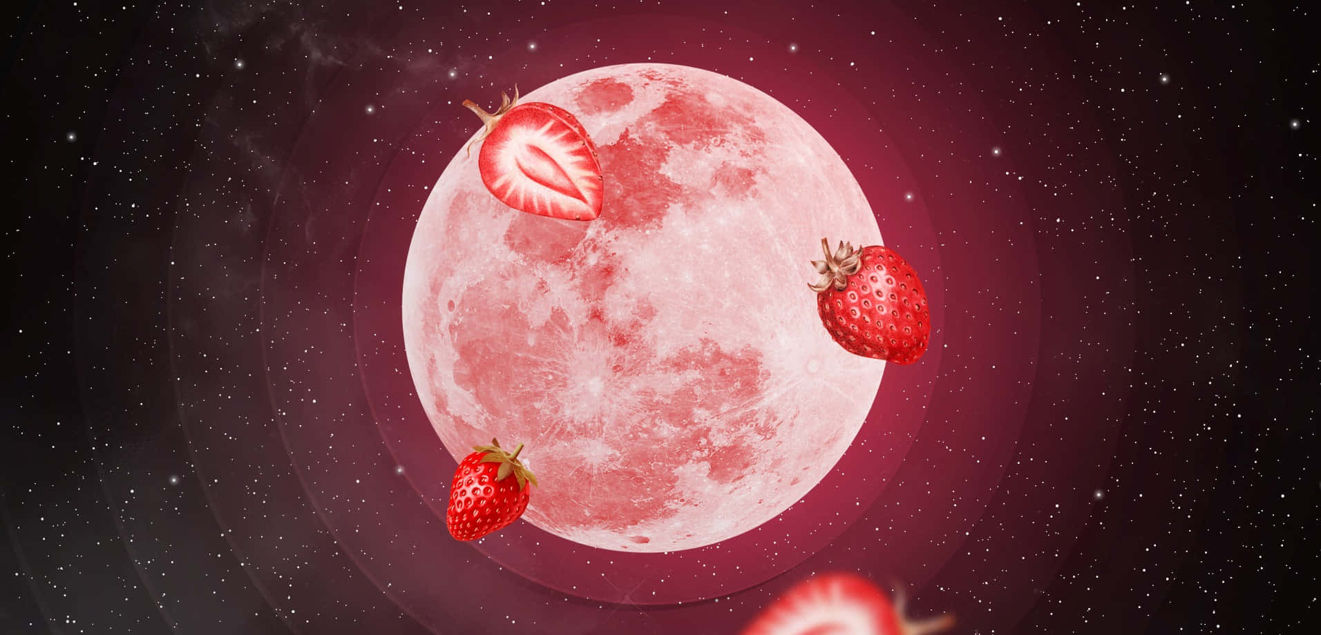 Strawberry Moon, glowing pink full moon, three strawberries, HD Desktop Wallpaper