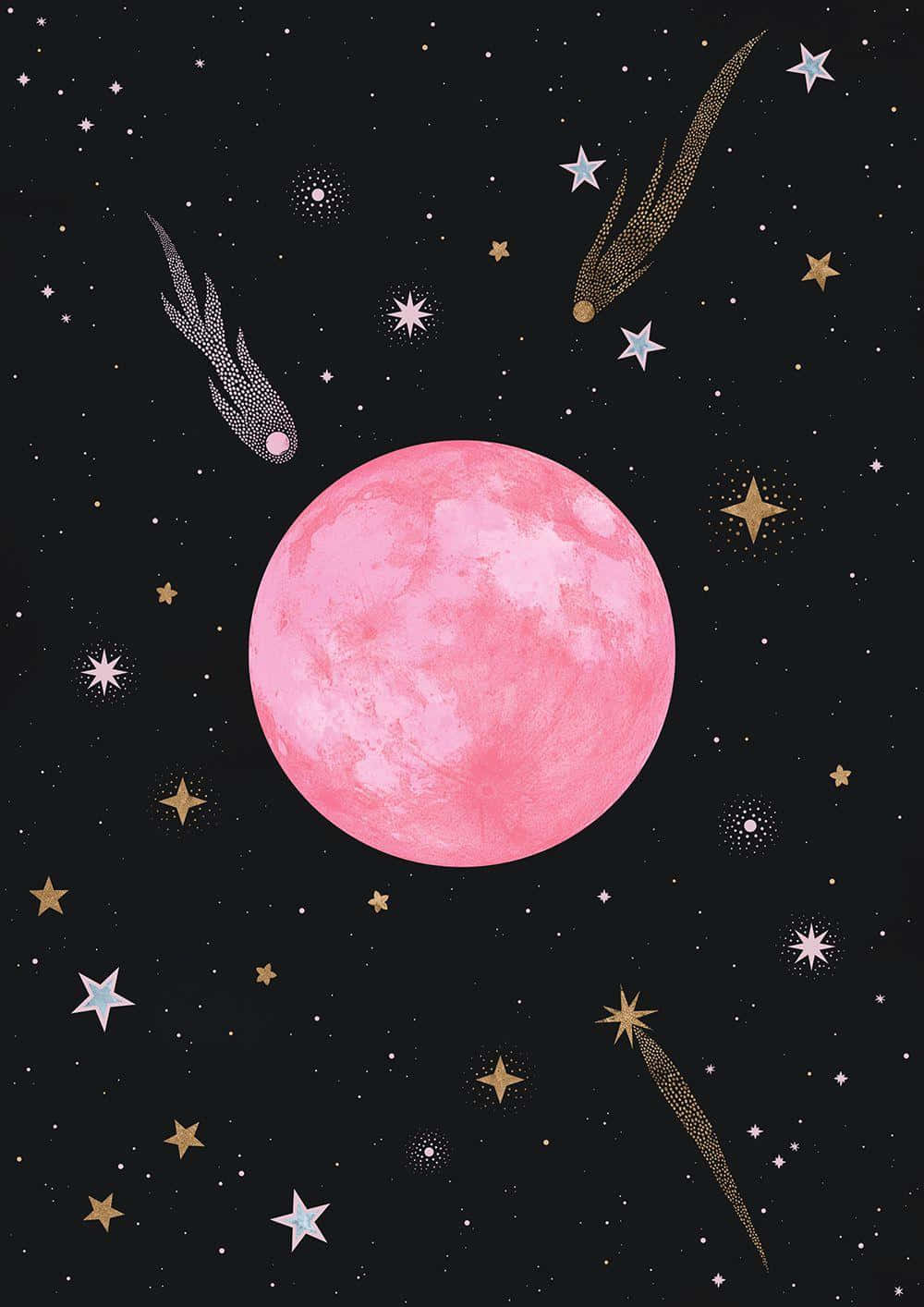 Strawberry Moon, pink moon, starry night sky, HD Phone Wallpaper