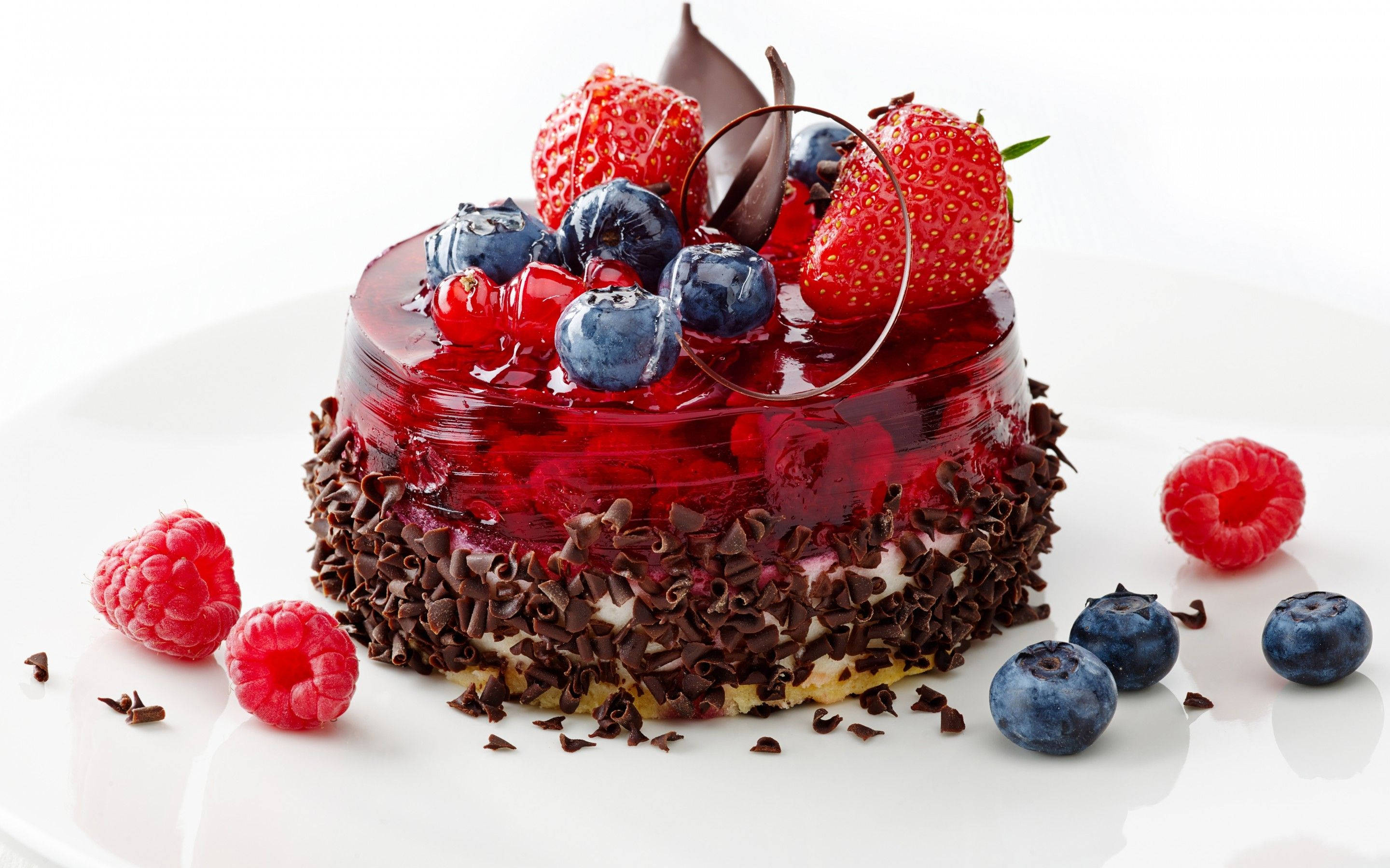 Strawberry Jelly Dessert, glossy red jelly cake, fresh strawberries, 2K Desktop Wallpaper