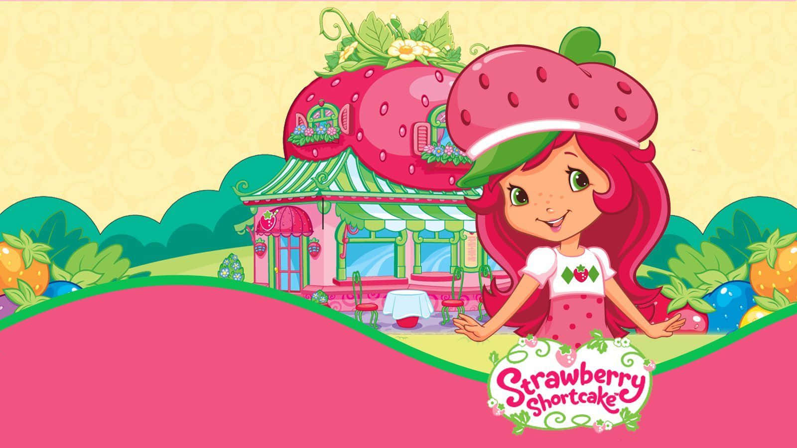 Strawberry Shortcake, strawberry-shaped house, bright cartoon landscape, HD Desktop Wallpaper
