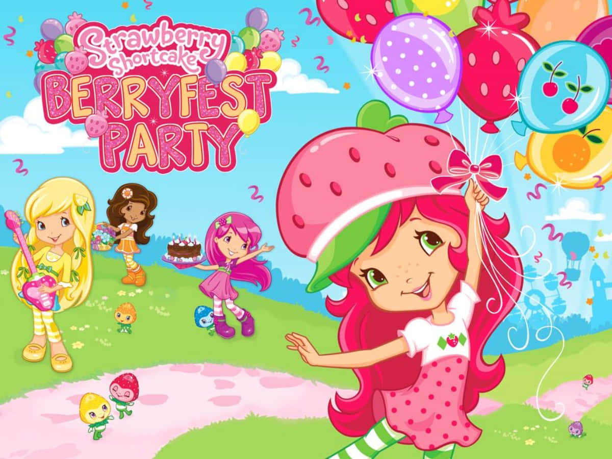 Strawberry Shortcake, berry-themed party, sky full of colorful balloons, SD Desktop Wallpaper