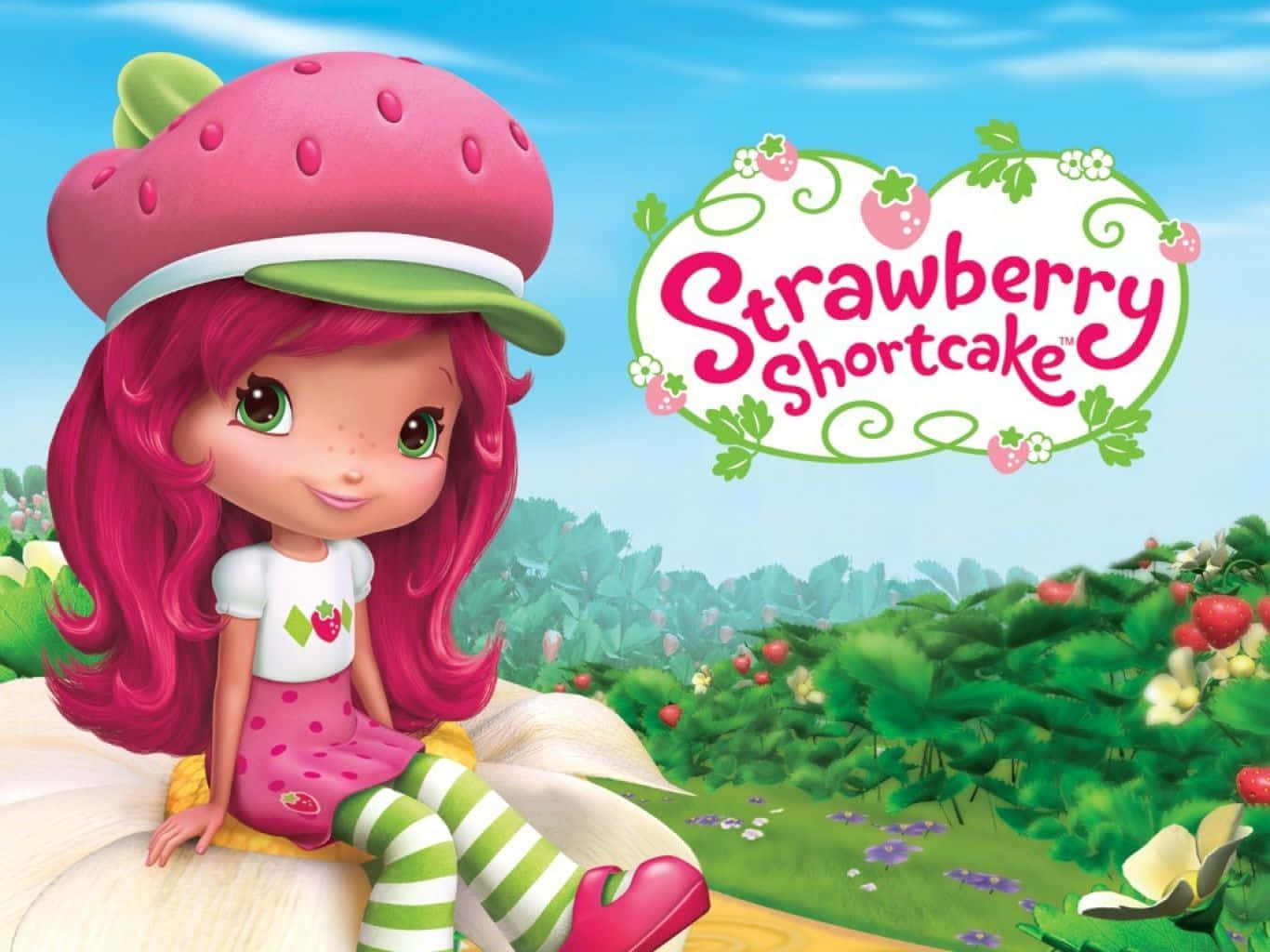 Strawberry Shortcake, giant white flower, vibrant strawberry field, HD Desktop Wallpaper