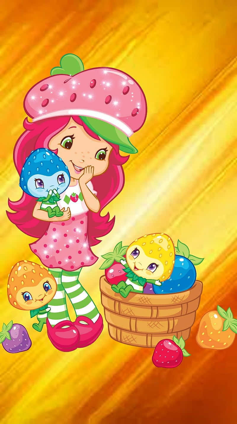 Strawberry Shortcake, fruit friends, radiant golden background, HD Phone Wallpaper
