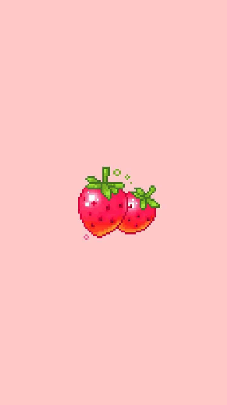 pixelated strawberries, green leaves, soft pink background, HD Phone Wallpaper