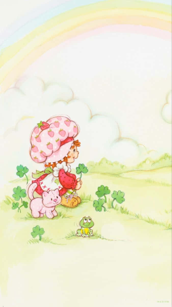 Strawberry Shortcake, rainbow, grassy field, SD Phone Wallpaper
