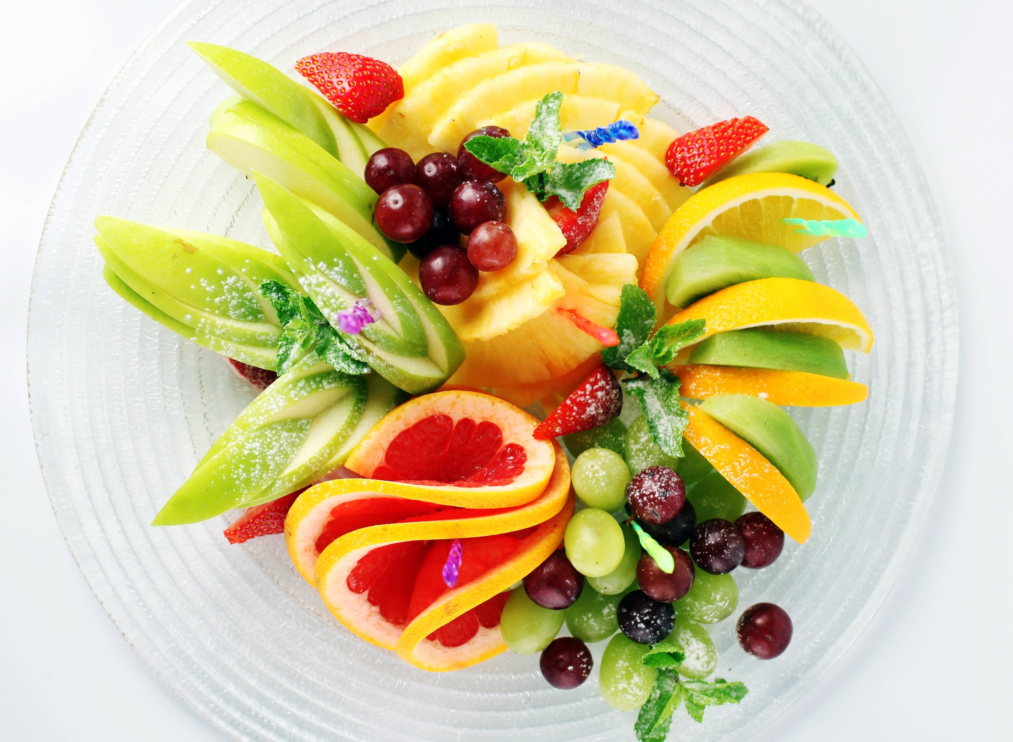 pineapple, strawberries, grapes, 2K Desktop Wallpaper
