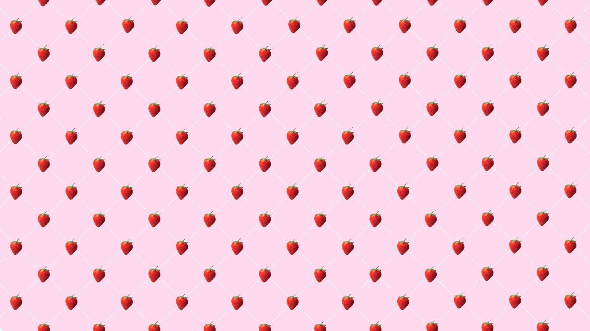 pink kawaii strawberry seamless pattern, red strawberries, soft pink background, Full HD Desktop Wallpaper