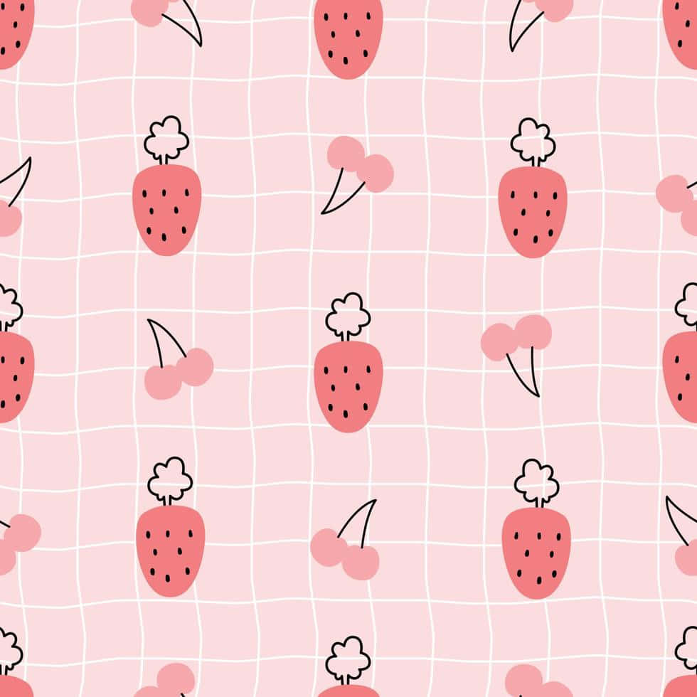 pastel strawberry, pink background, white grid pattern, SD Desktop Wallpaper