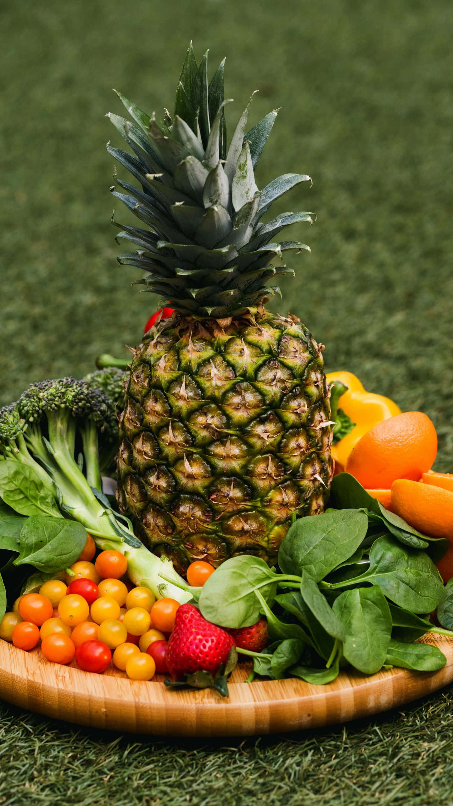 pineapple, cherry tomatoes, strawberries, 2K Phone Wallpaper