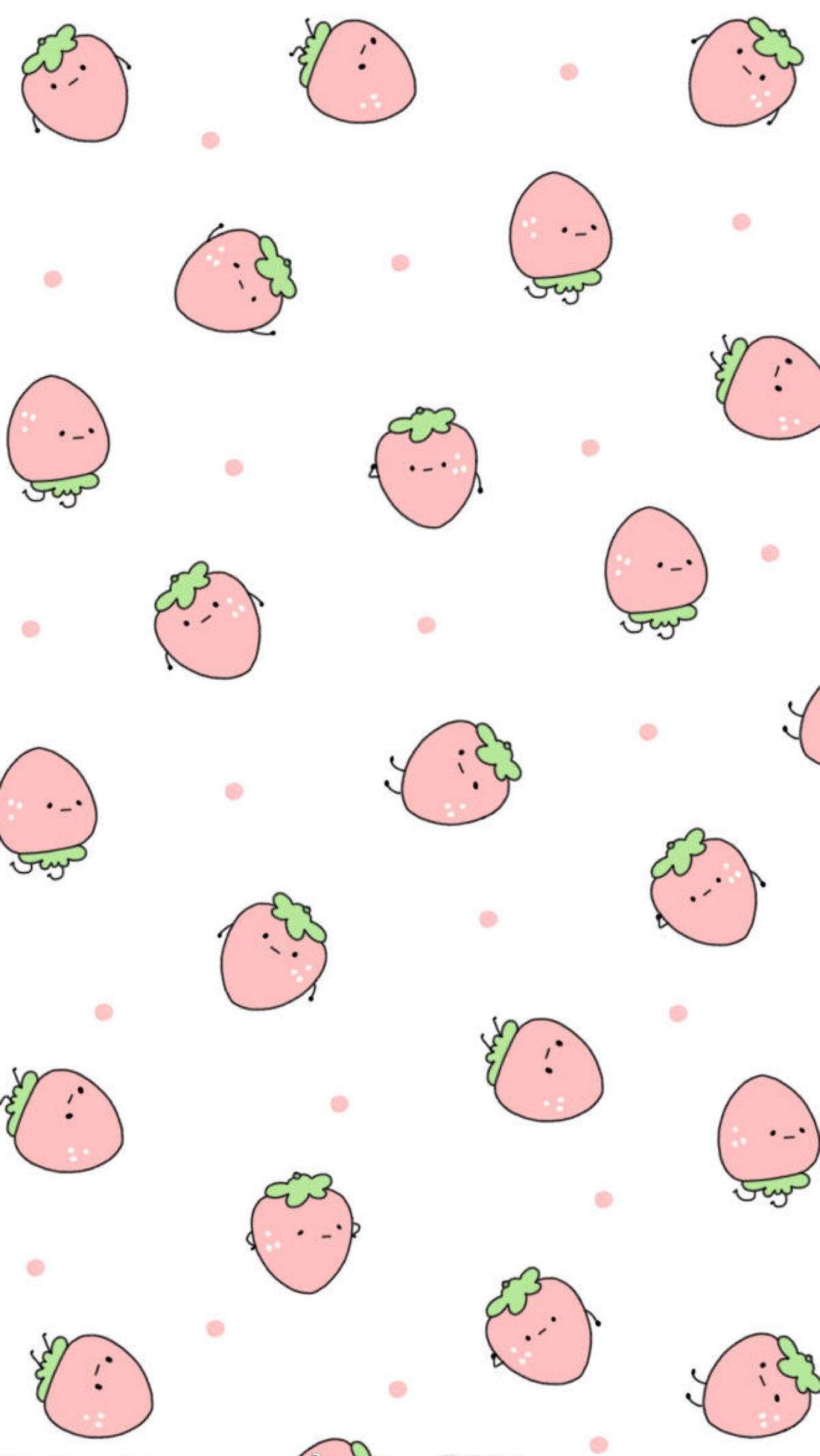 pink cartoon strawberries, green tops, tiny faces, Full HD Phone Wallpaper