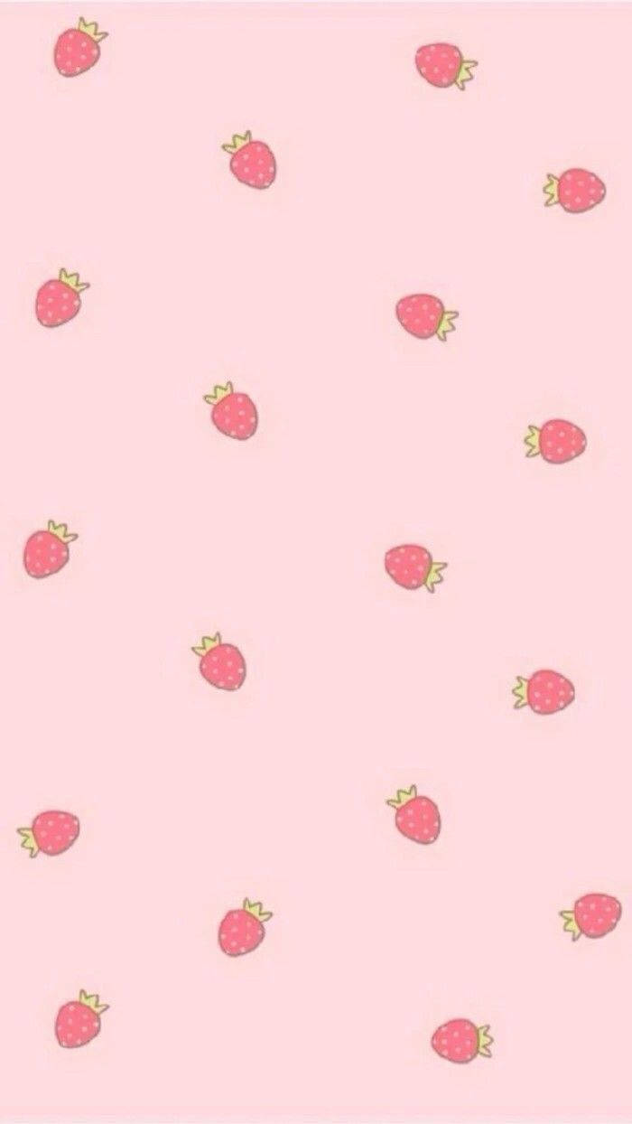 strawberry aesthetic, iPhone lock screen, pink background, SD Phone Wallpaper